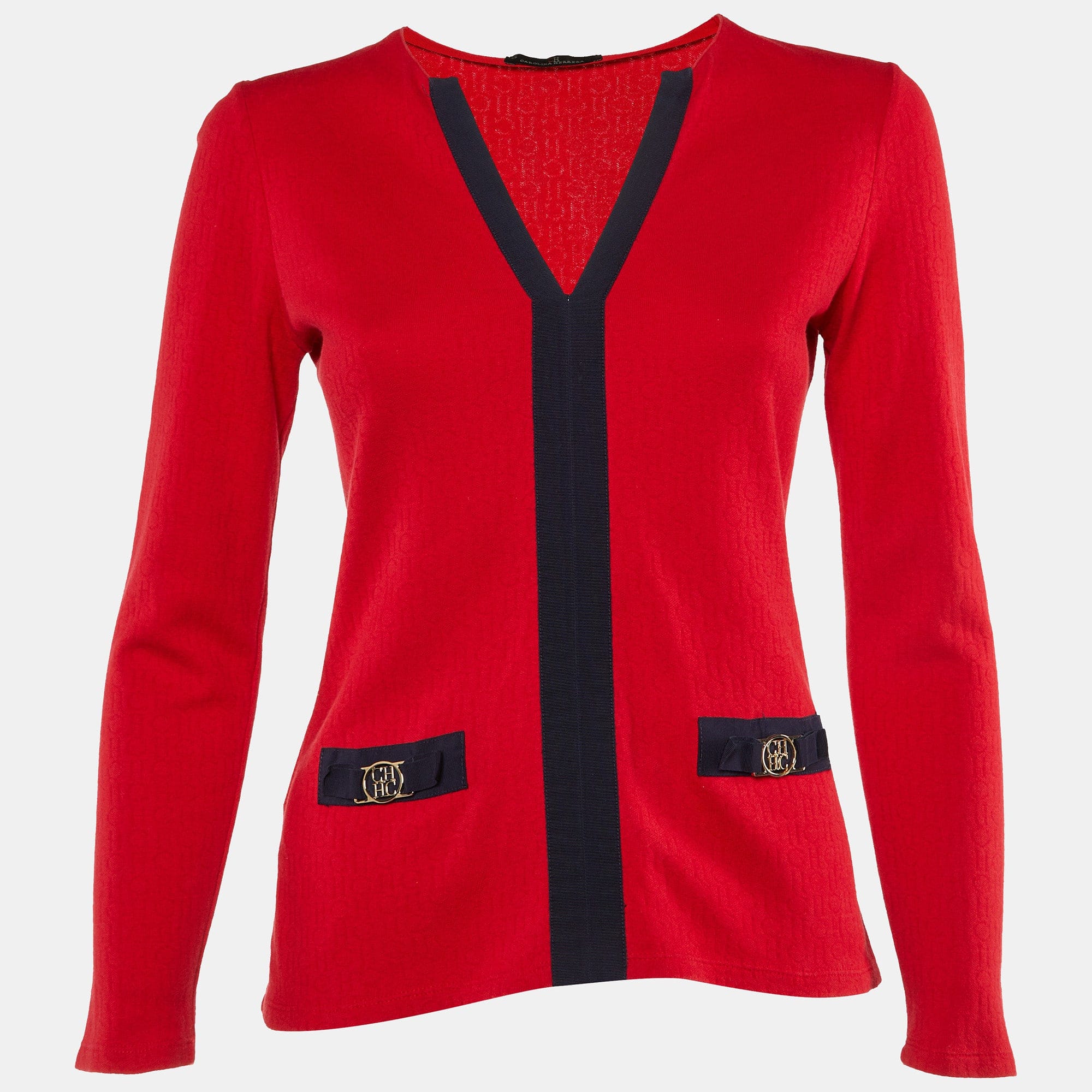 Ch Carolina Herrera Red Ch Pattern Cotton V - Neck Top