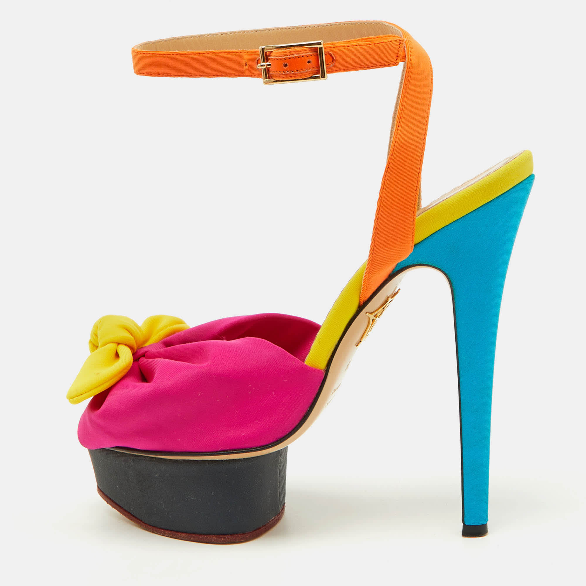 Charlotte Olympia Multicolor Fabric Serena Bow Ankle Strap Platform Sandals