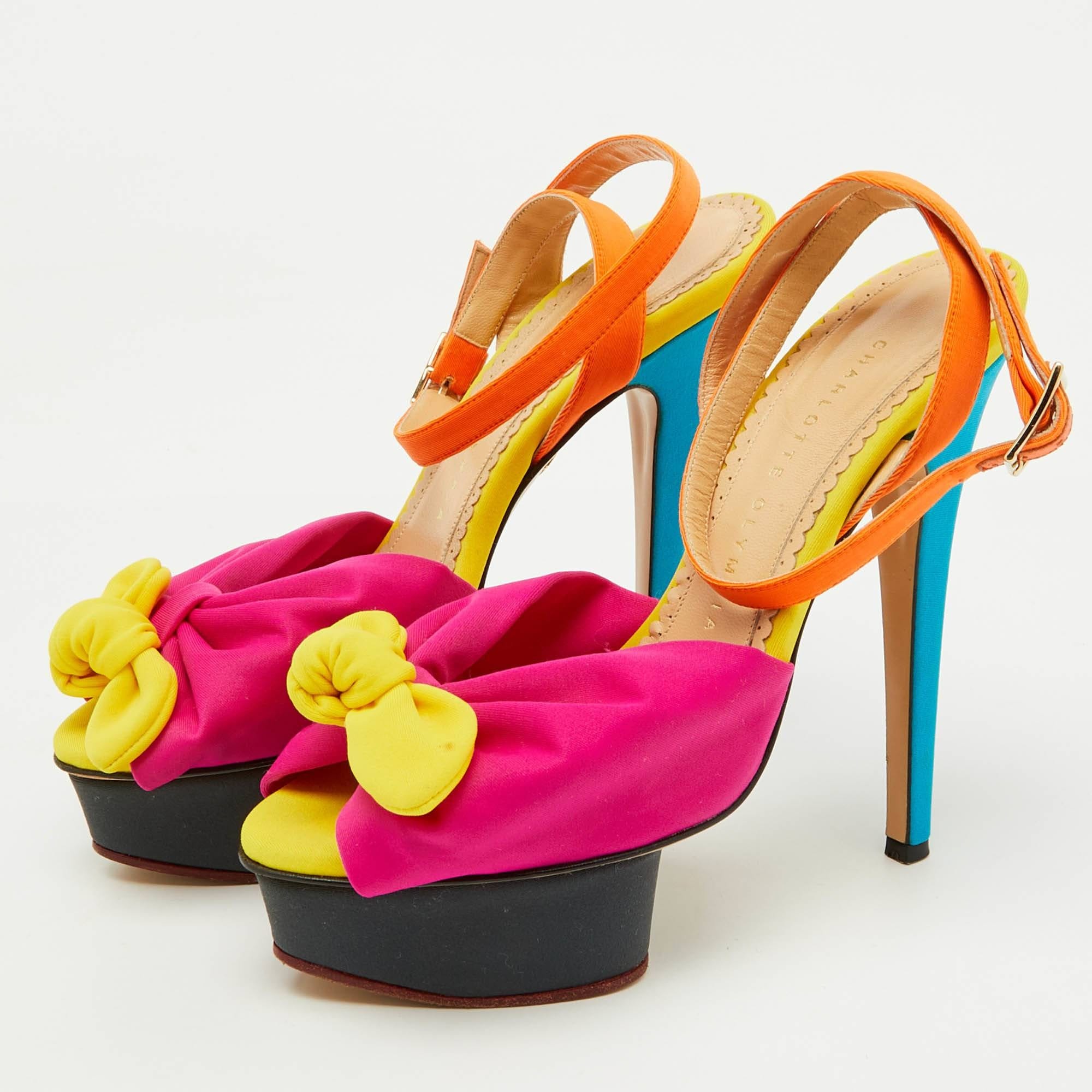 Charlotte Olympia Multicolor Fabric Serena Bow Ankle Strap Platform Sandals