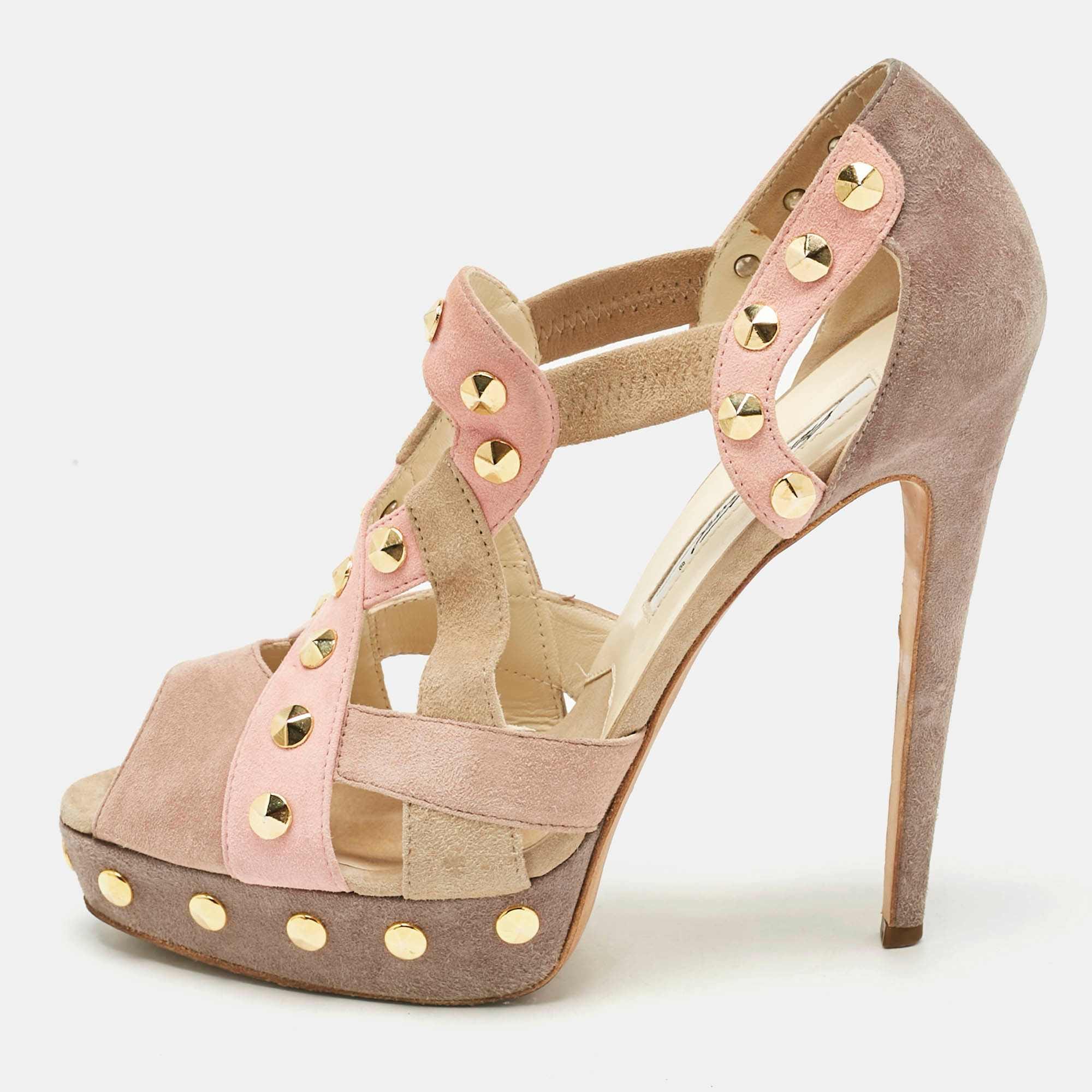 Brian Atwood Beige Cut Out Studded Suede Peep Toe Platform Sandals
