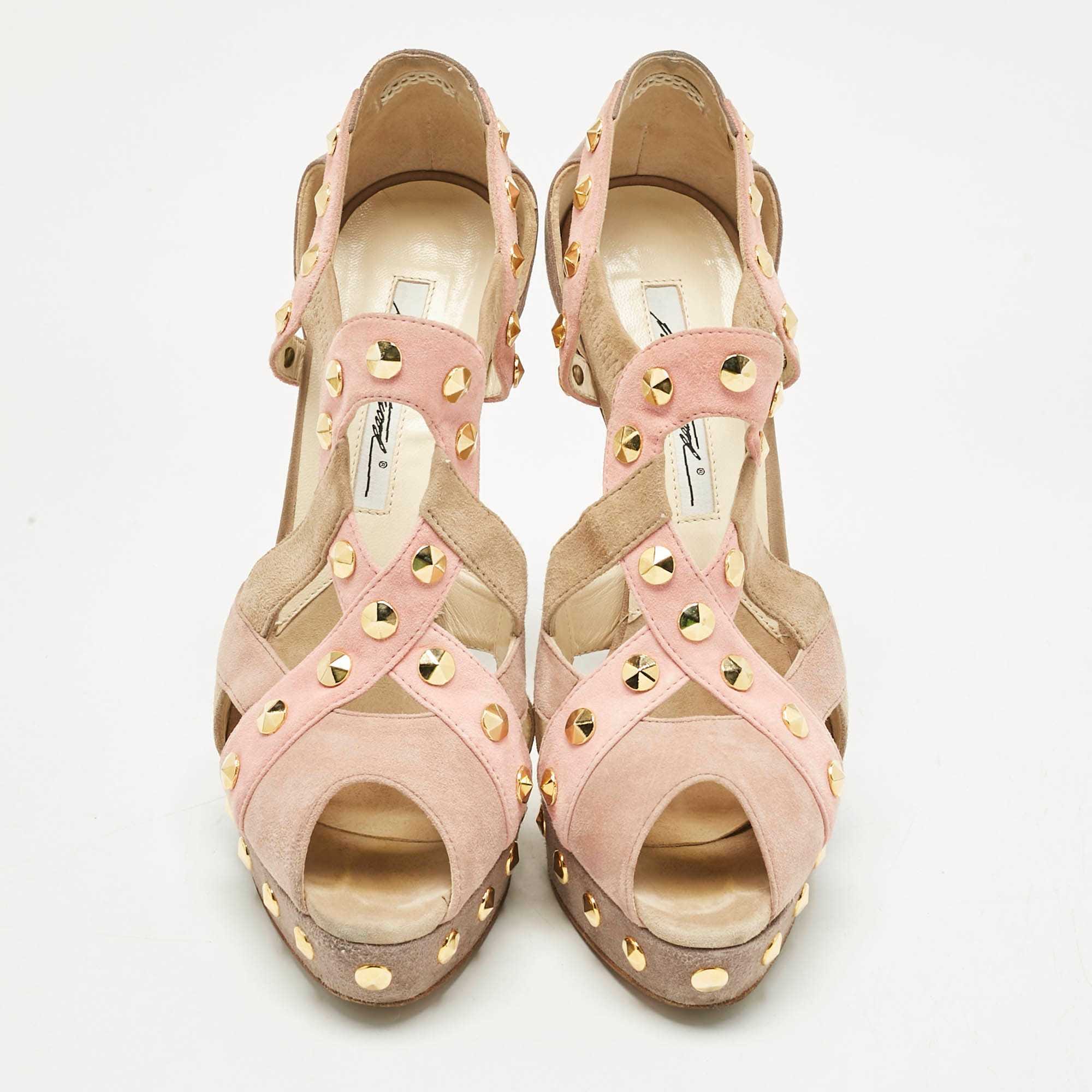 Brian Atwood Beige Cut Out Studded Suede Peep Toe Platform Sandals