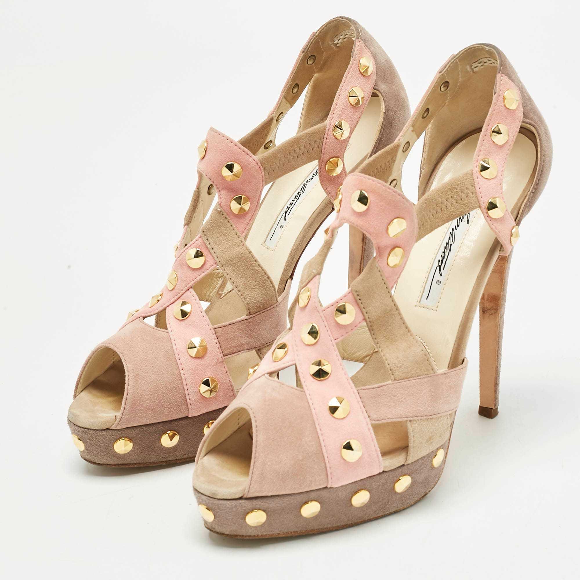 Brian Atwood Beige Cut Out Studded Suede Peep Toe Platform Sandals