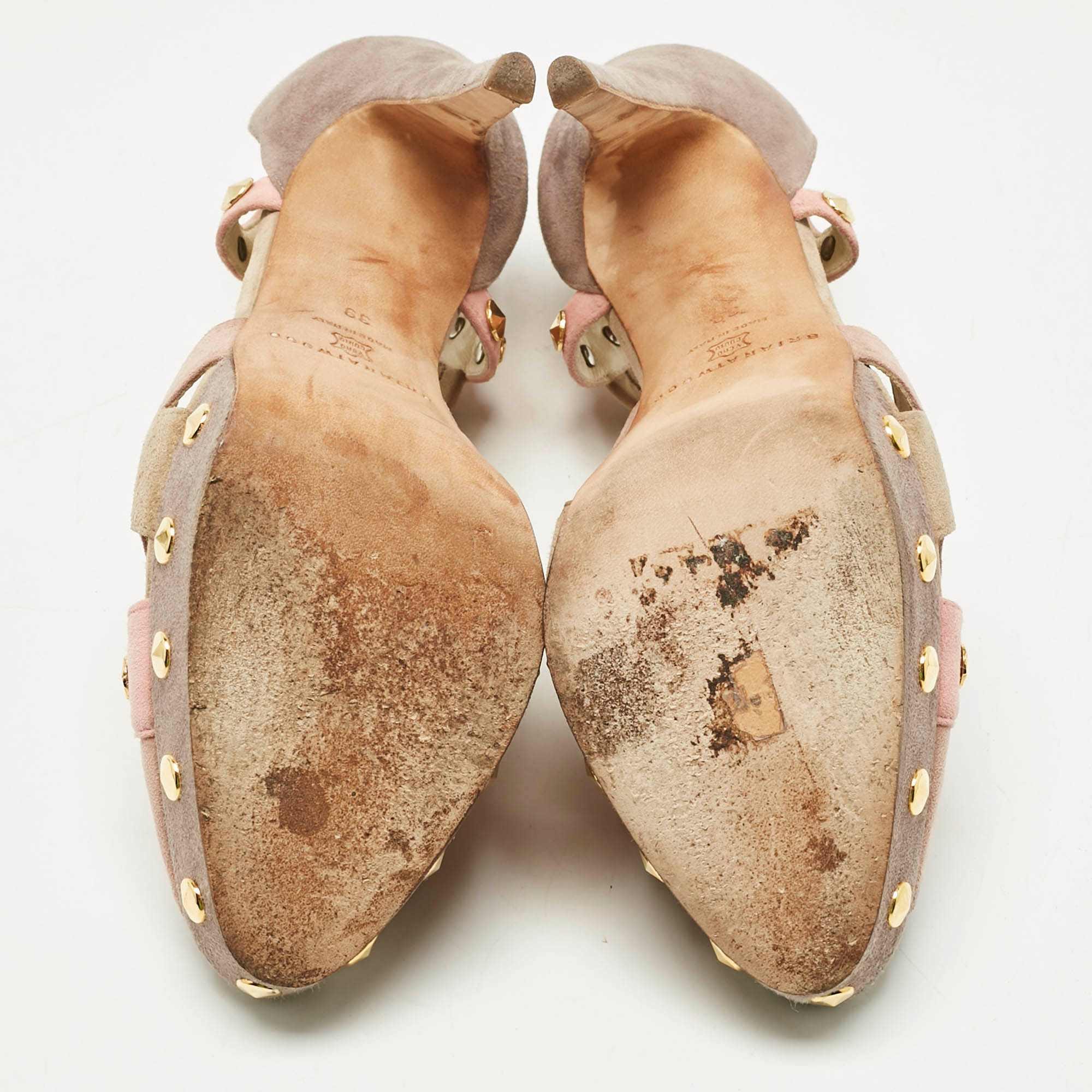 Brian Atwood Beige Cut Out Studded Suede Peep Toe Platform Sandals