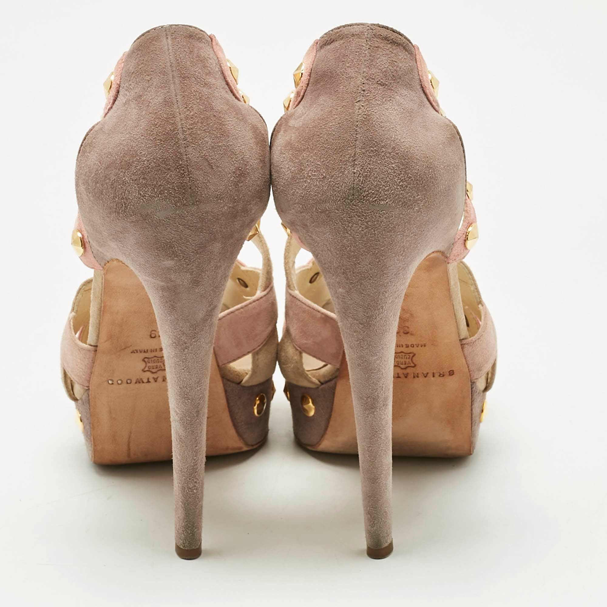 Brian Atwood Beige Cut Out Studded Suede Peep Toe Platform Sandals