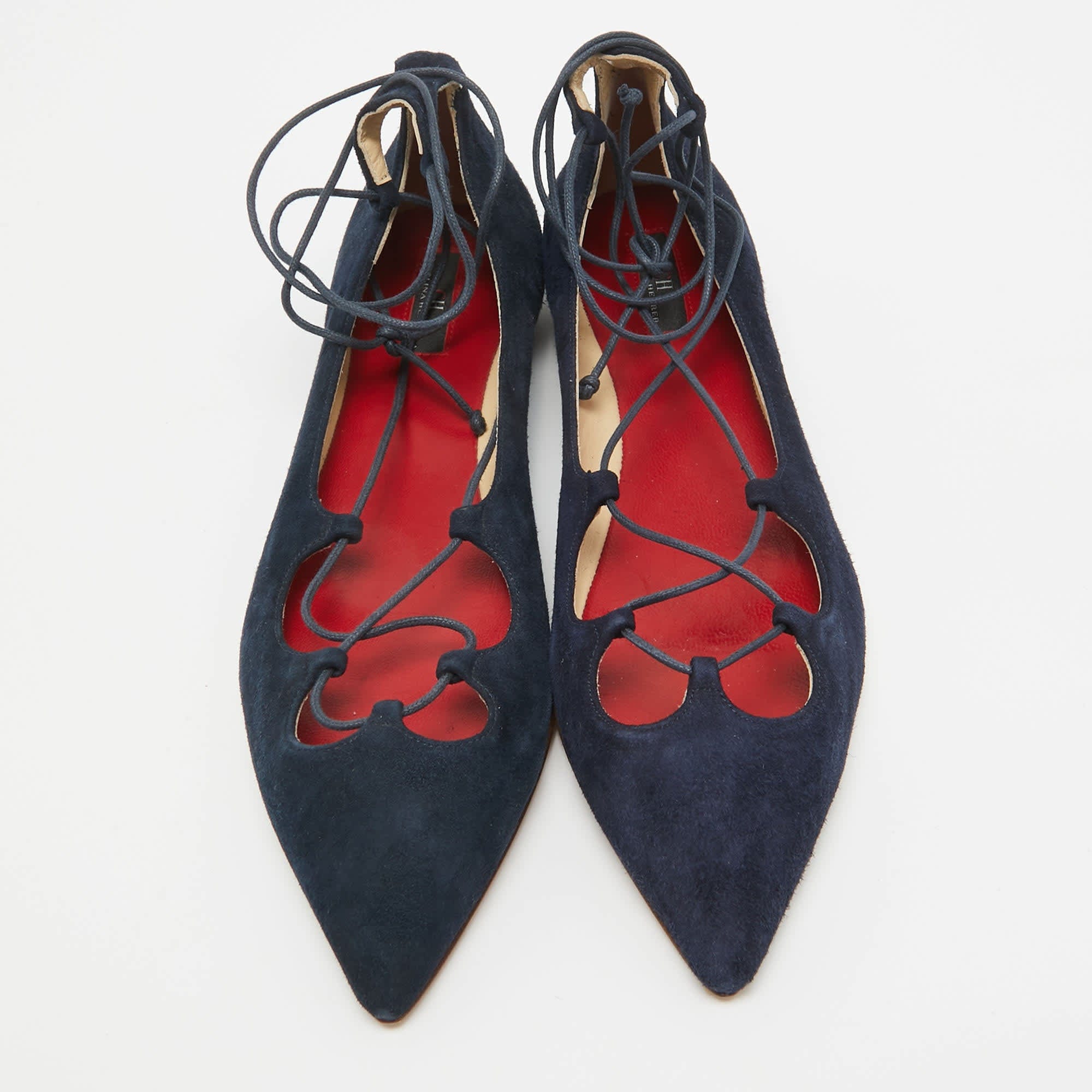 Ch Carolina Herrera Blue Suede Pointed Toe Tie Up Ballet Flats