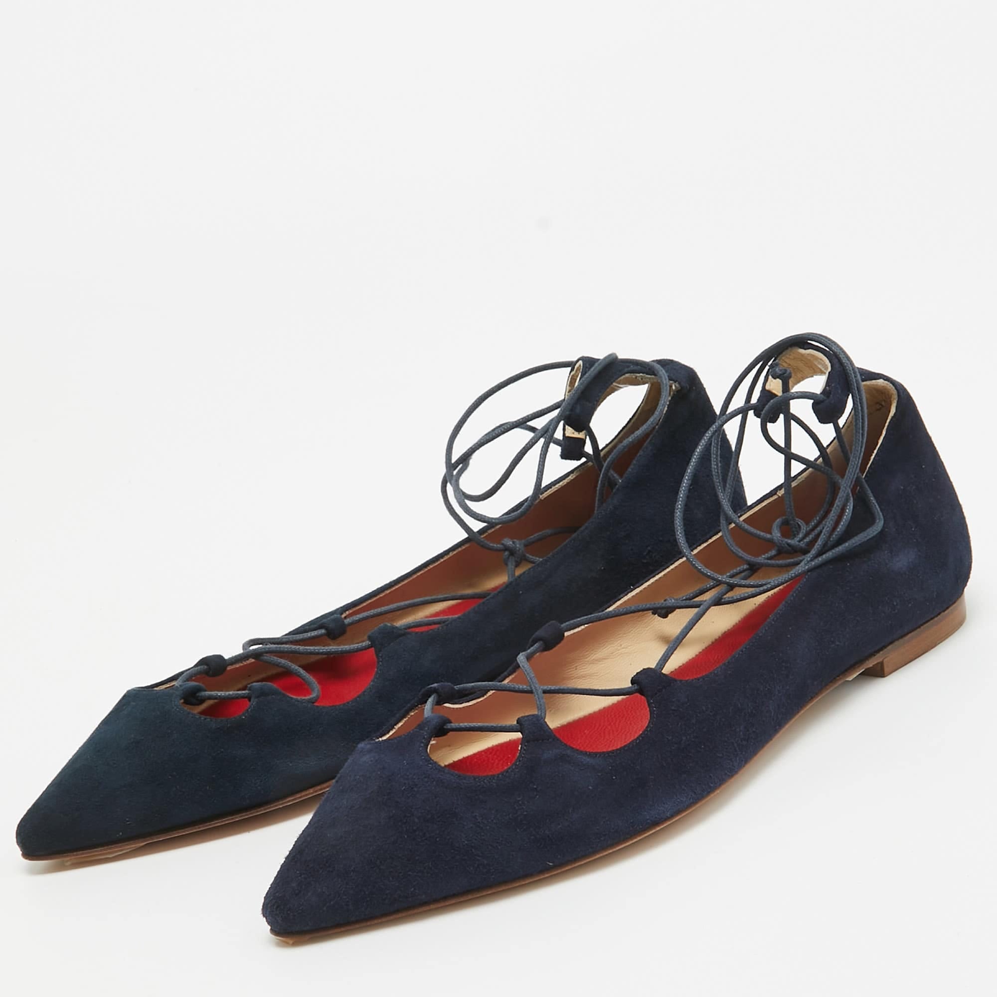 Ch Carolina Herrera Blue Suede Pointed Toe Tie Up Ballet Flats