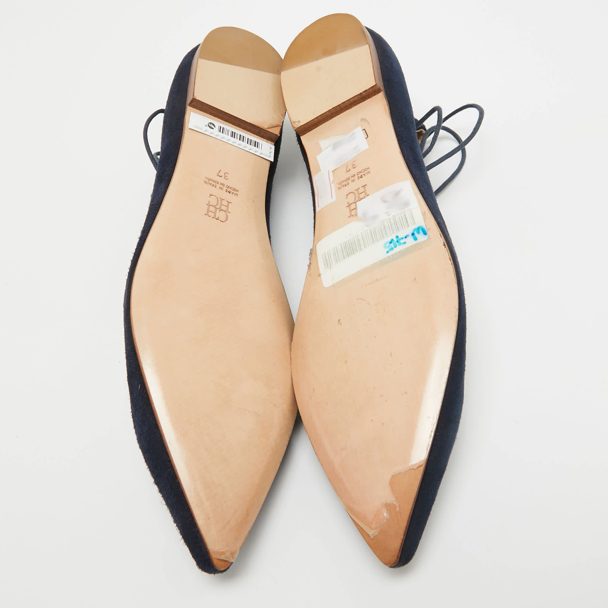 Ch Carolina Herrera Blue Suede Pointed Toe Tie Up Ballet Flats
