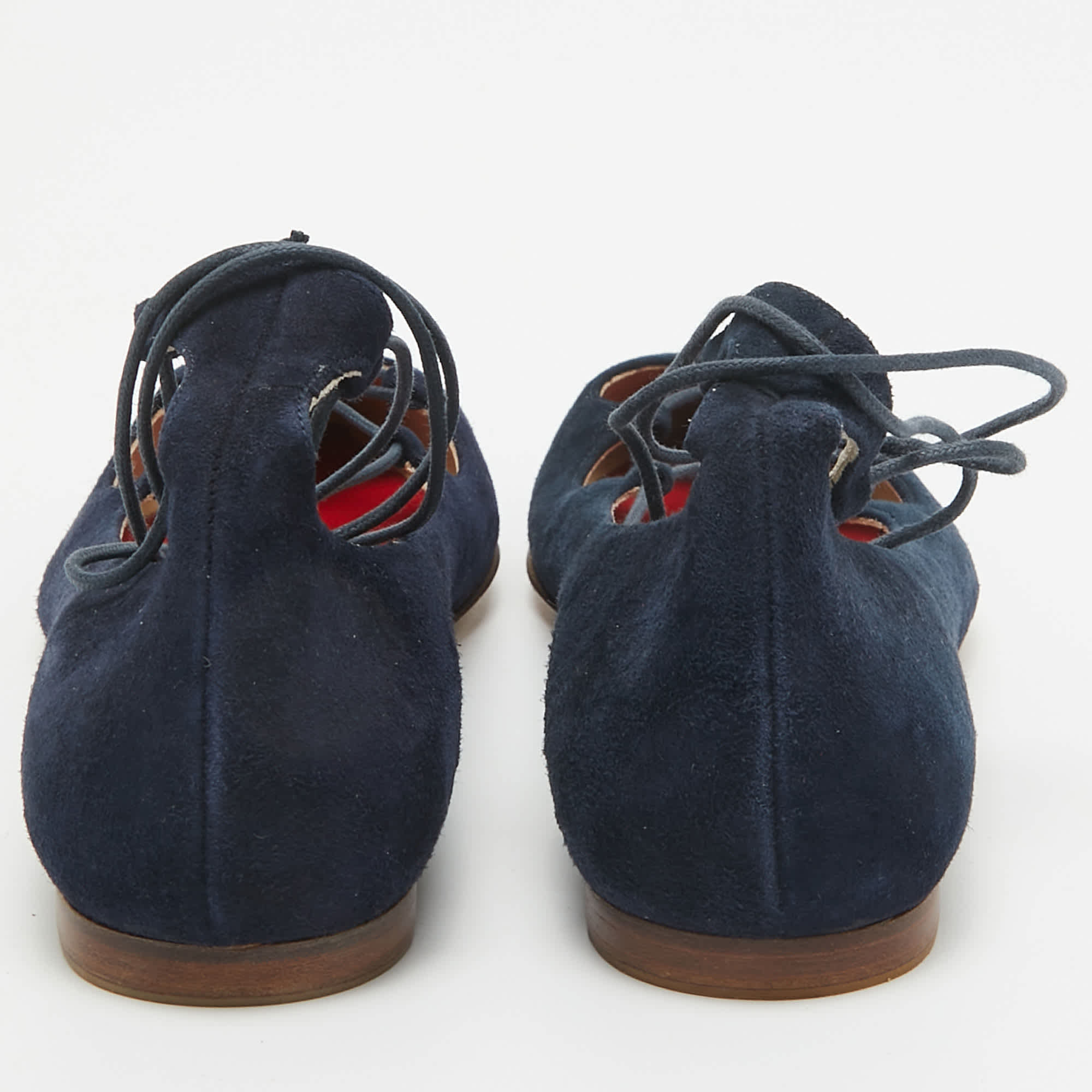 Ch Carolina Herrera Blue Suede Pointed Toe Tie Up Ballet Flats