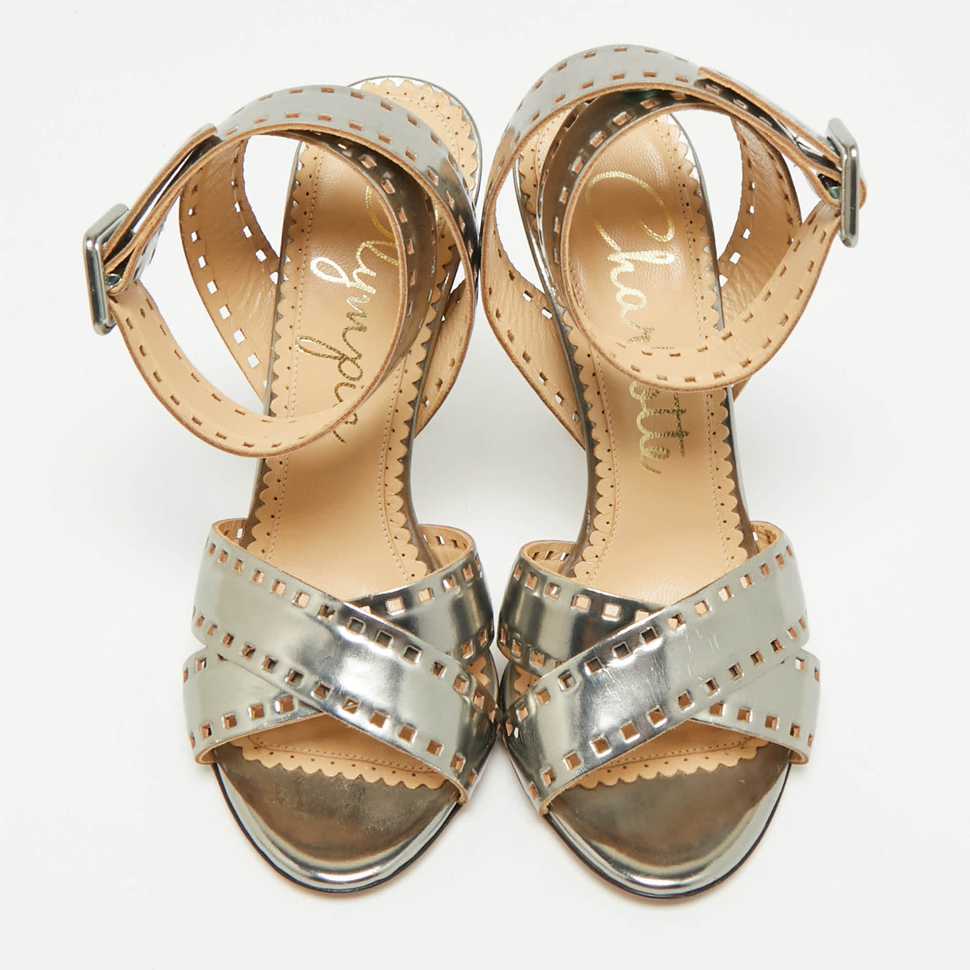 Charlotte Olympia Silver Leather Lasercut Crisscross Ankle Strap Sandals