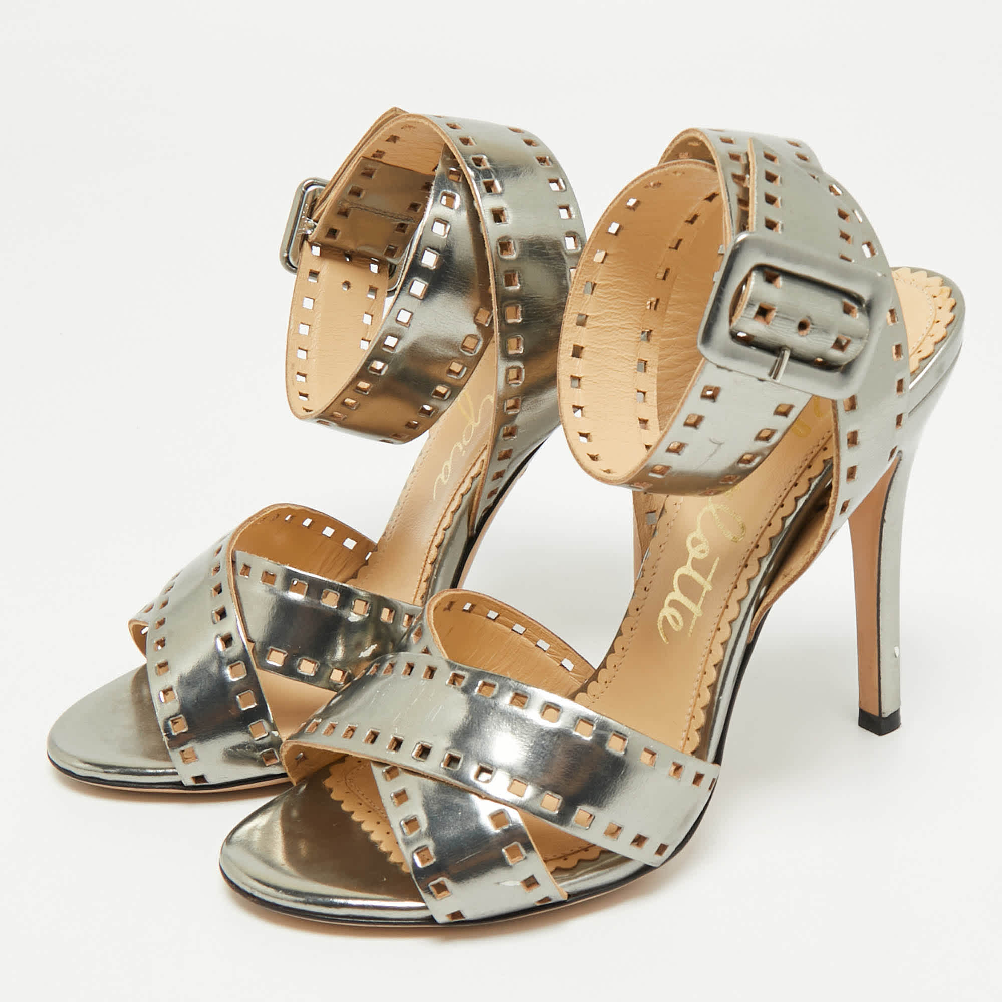 Charlotte Olympia Silver Leather Lasercut Crisscross Ankle Strap Sandals