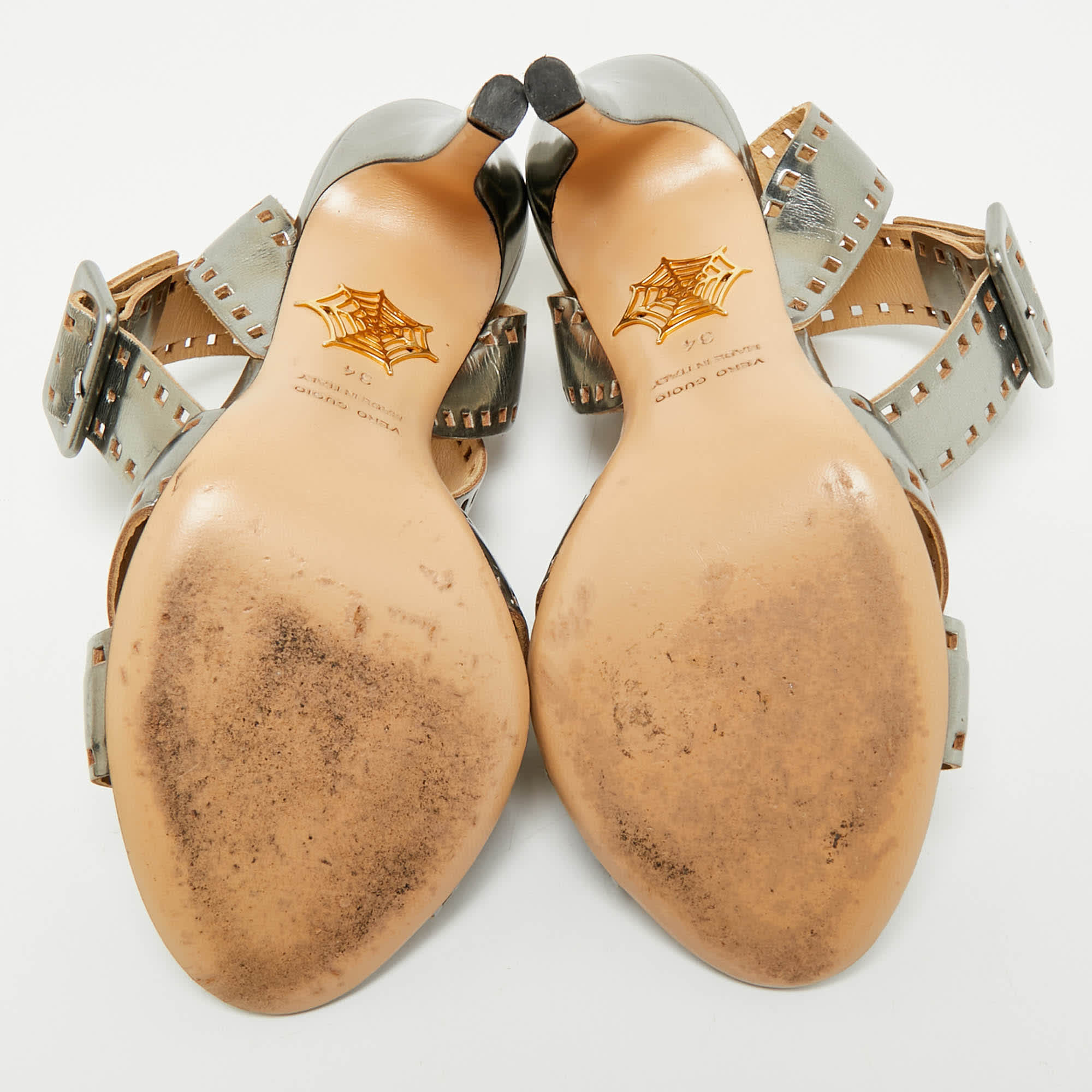 Charlotte Olympia Silver Leather Lasercut Crisscross Ankle Strap Sandals