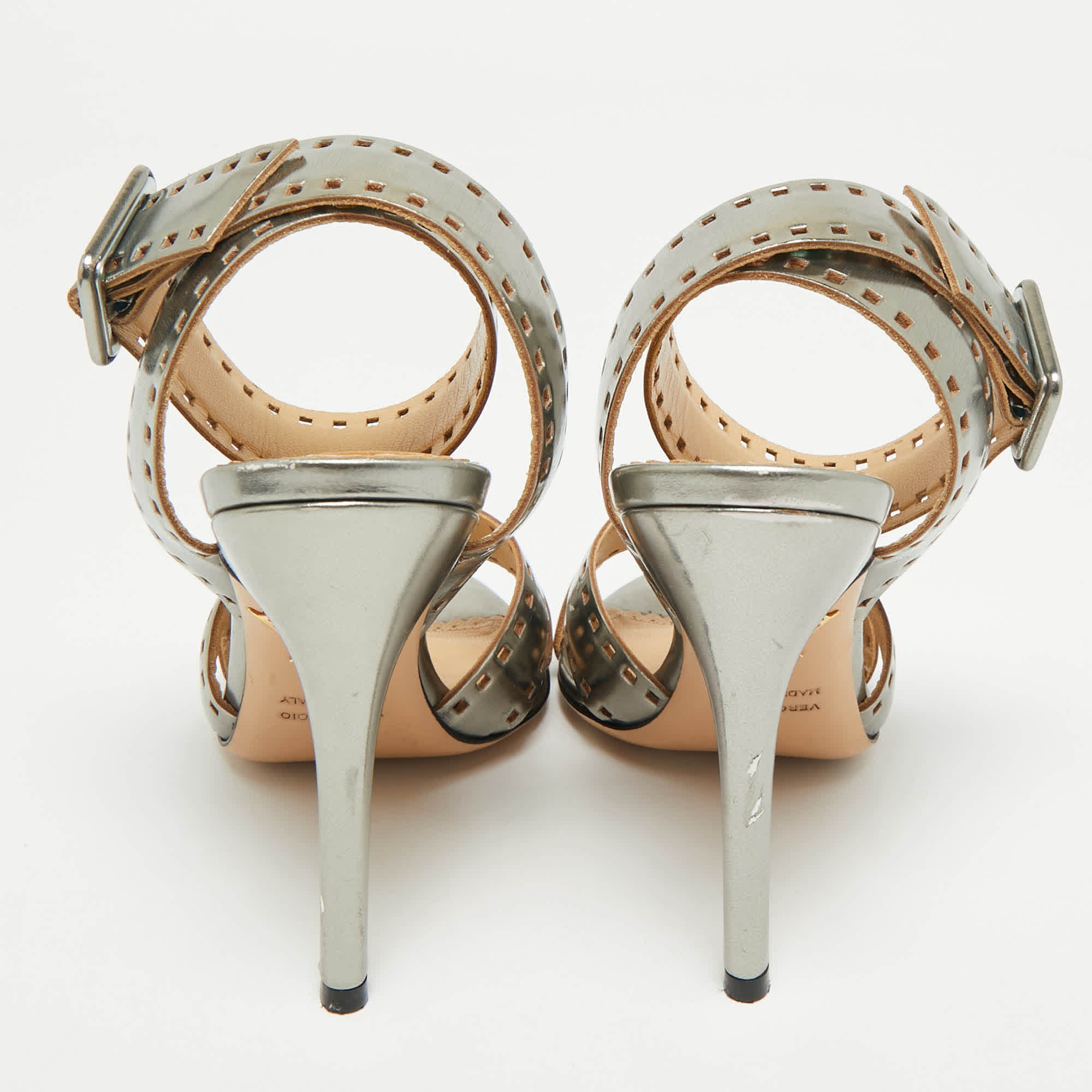 Charlotte Olympia Silver Leather Lasercut Crisscross Ankle Strap Sandals