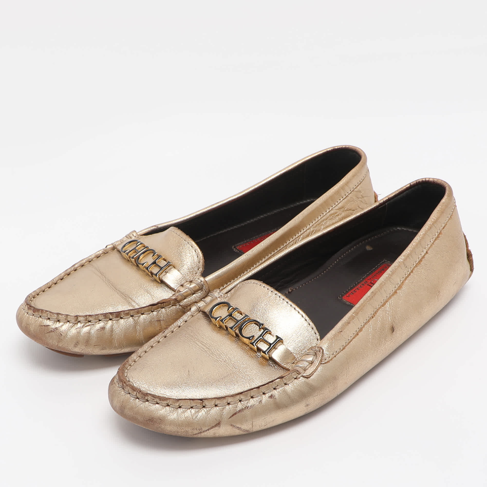 Ch Carolina Herrera Gold Leather Logo Embellished Loafers