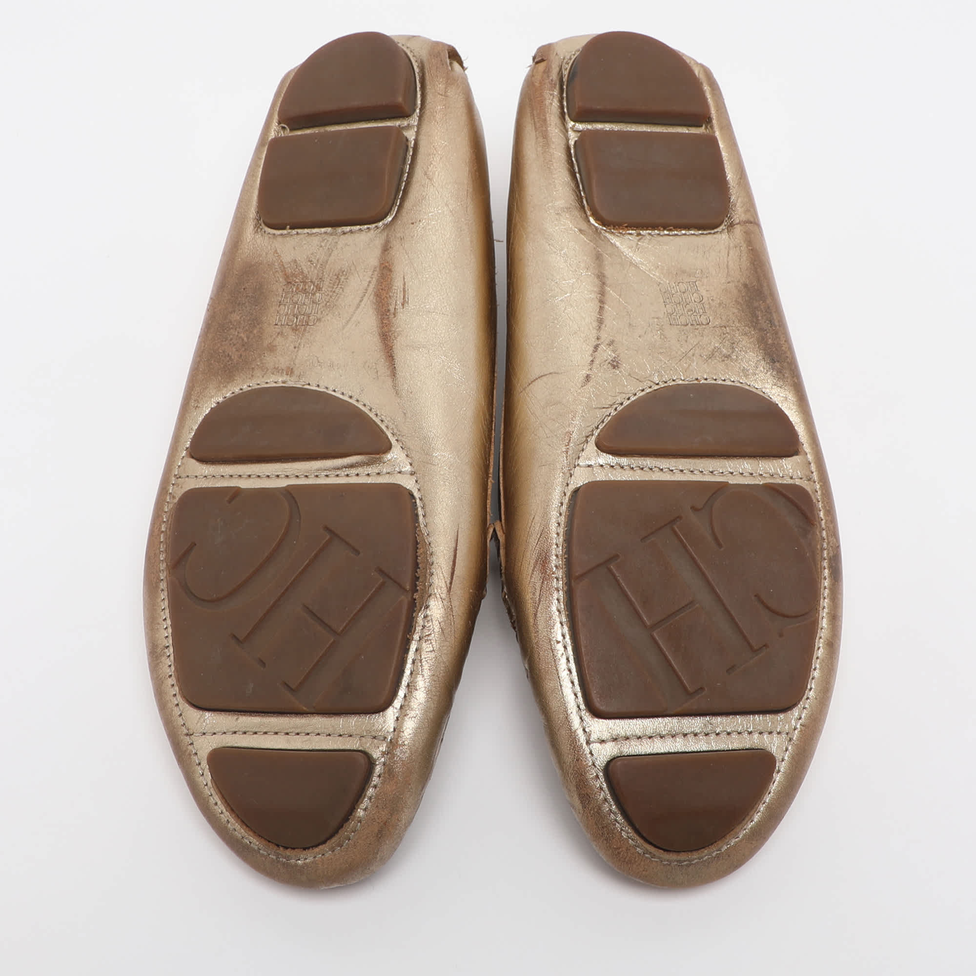 Ch Carolina Herrera Gold Leather Logo Embellished Loafers