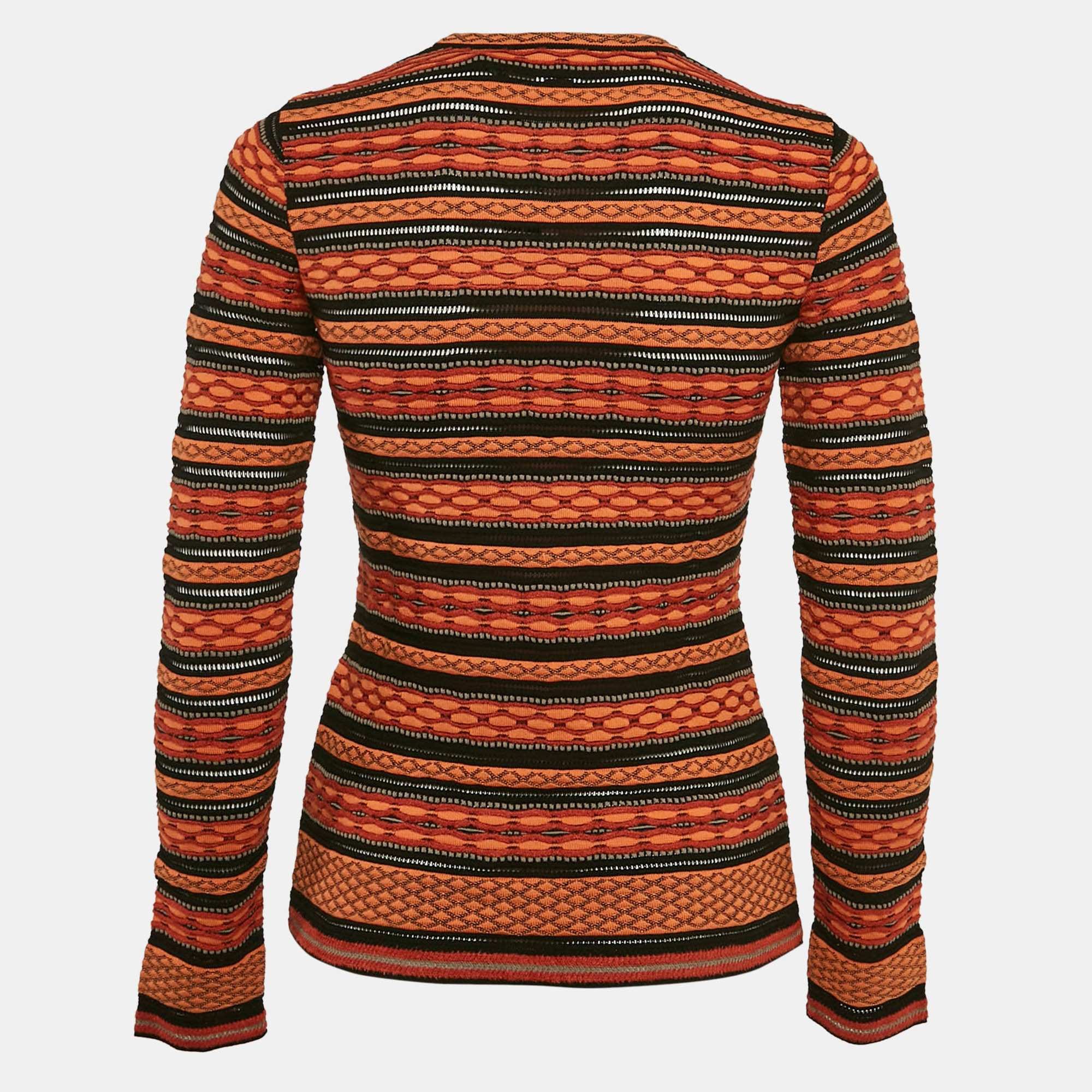 M Missoni Orange/black Patterned Knit Full Sleeve Top