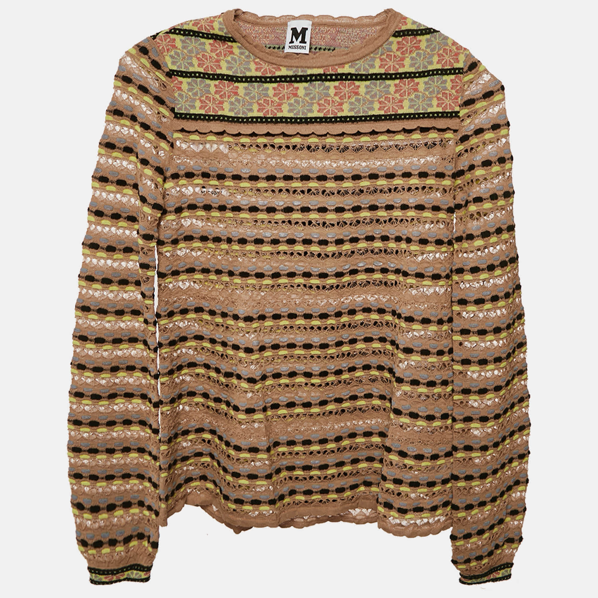 M Missoni Beige Pointelle Knit Long Sleeve Knit Top
