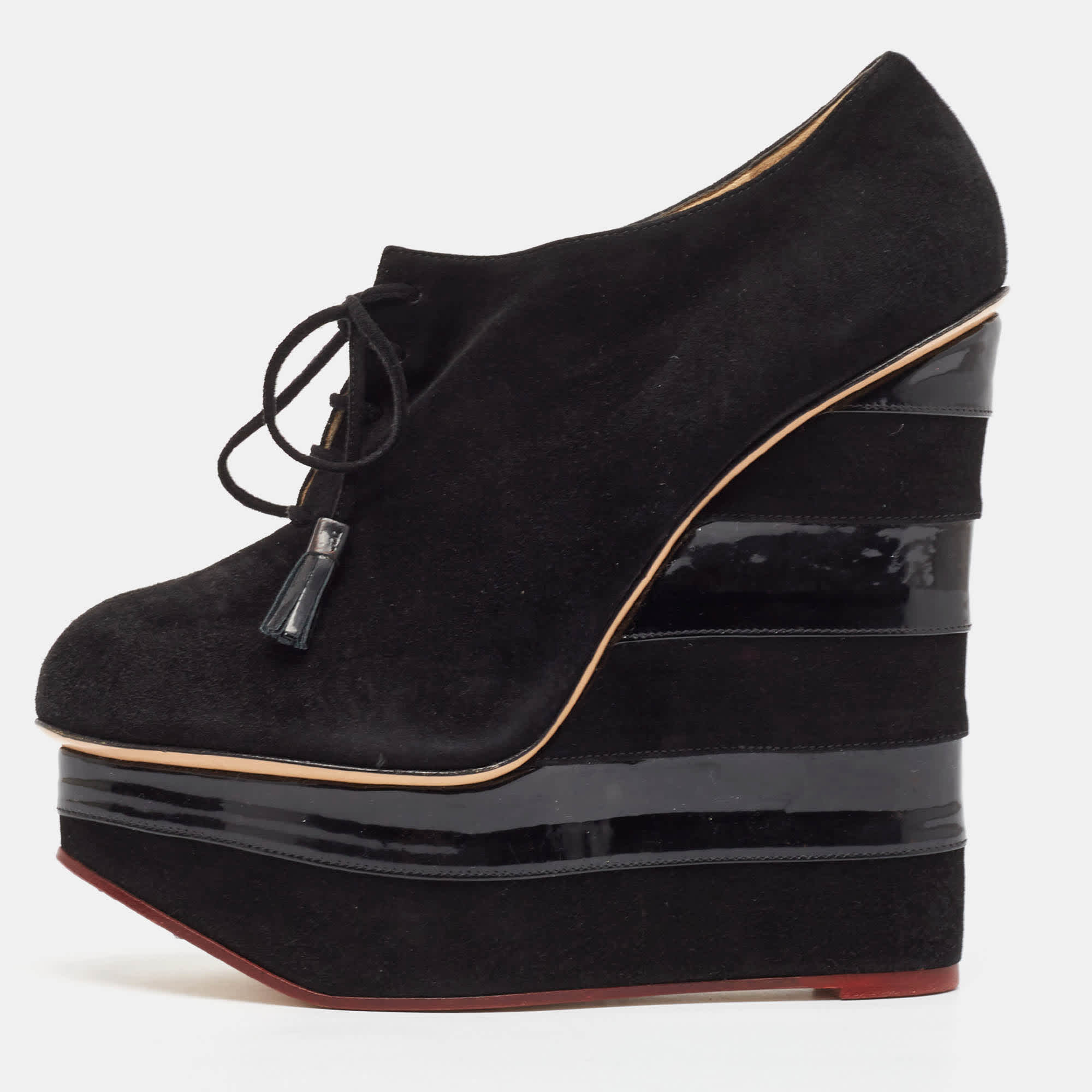 Charlotte Olympia Black Suede And Patent Leather Martha Wedge Booties