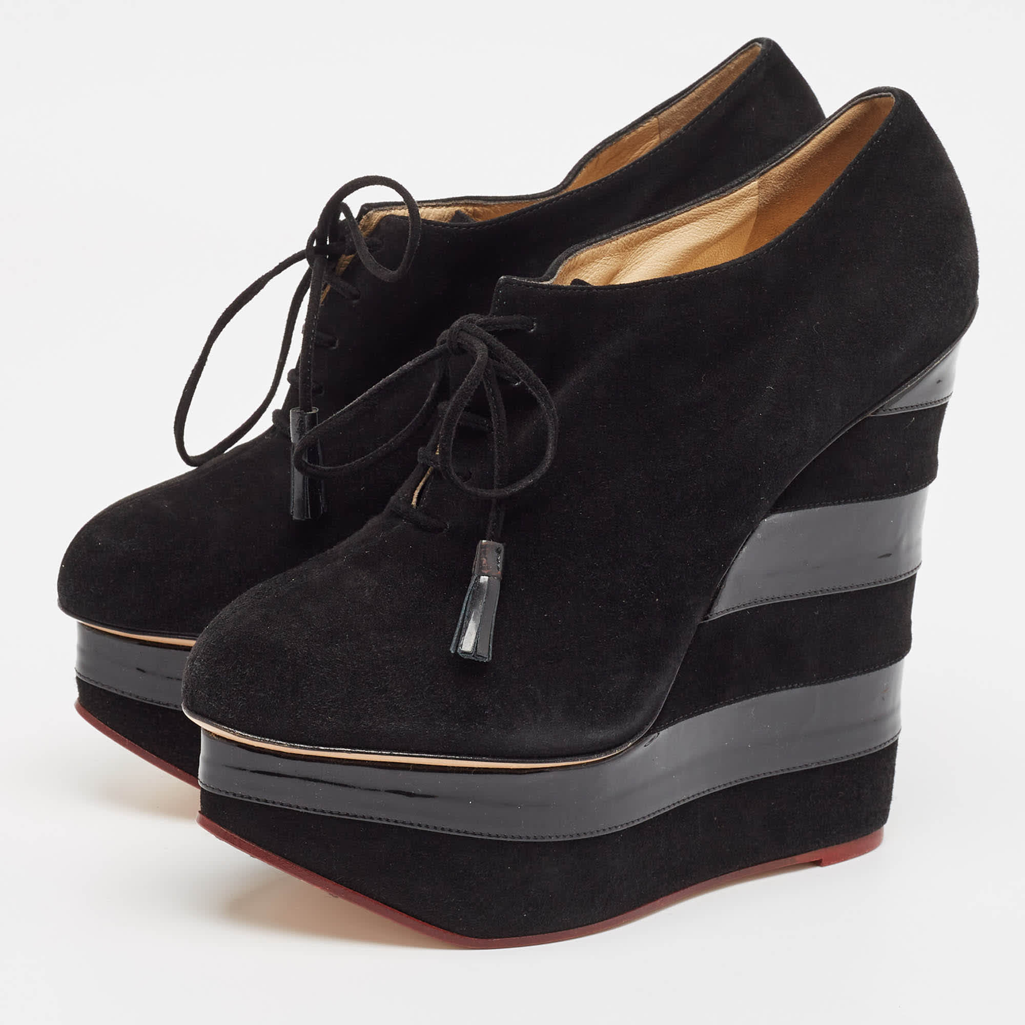 Charlotte Olympia Black Suede And Patent Leather Martha Wedge Booties