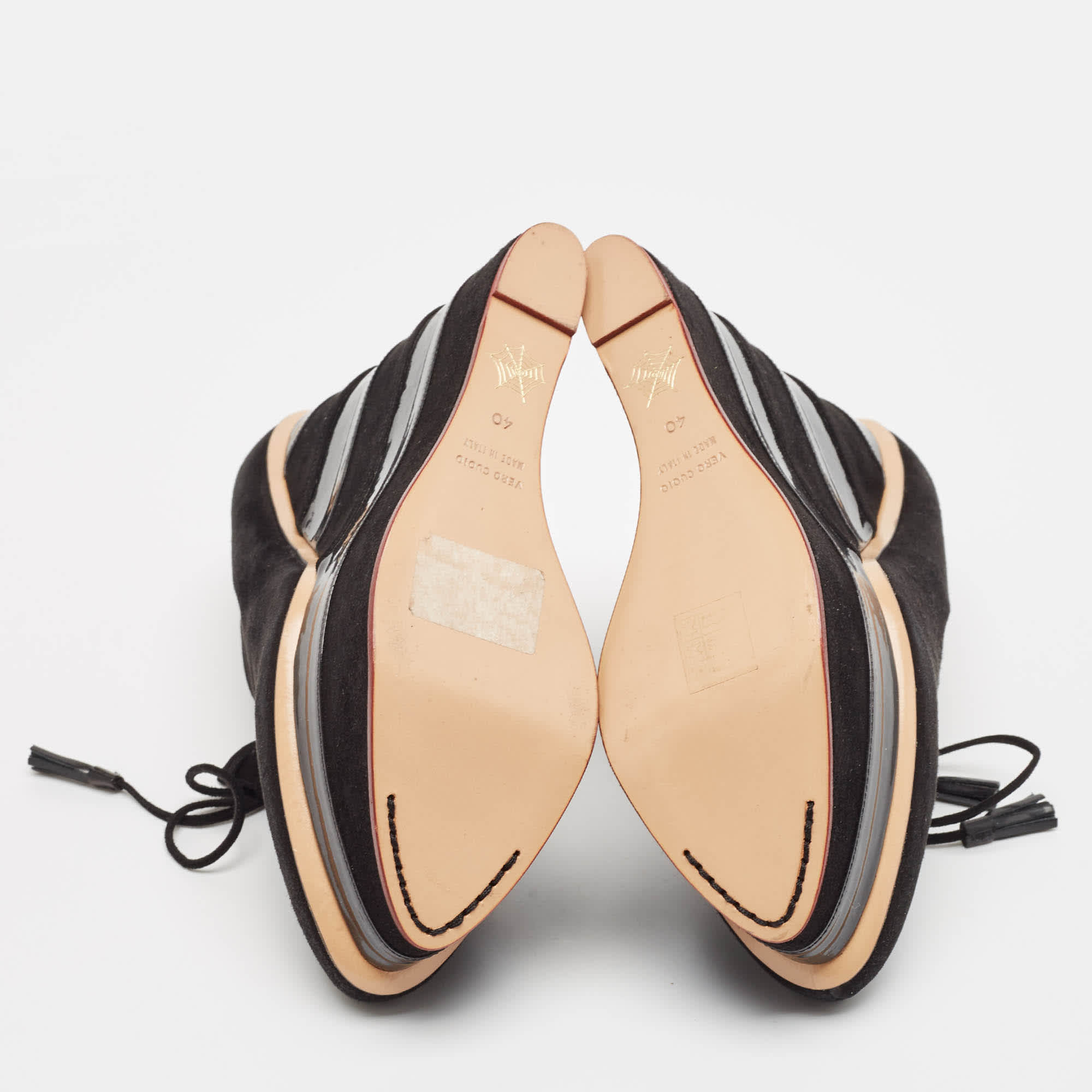 Charlotte Olympia Black Suede And Patent Leather Martha Wedge Booties
