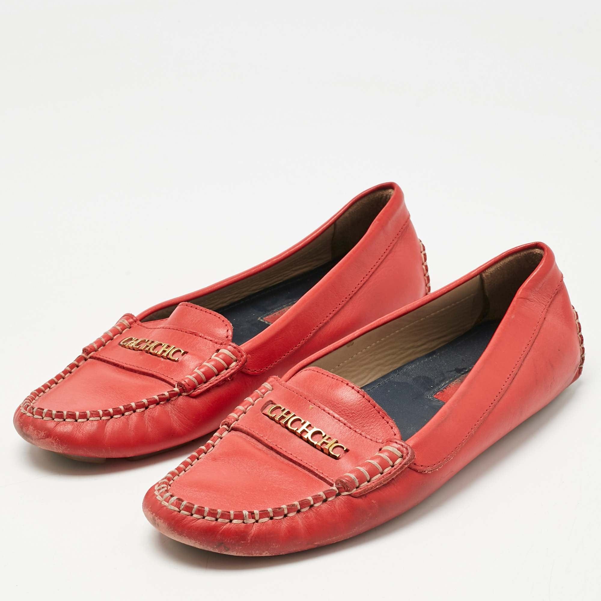 Ch Carolina Herrera Red Leather Slip On Loafers