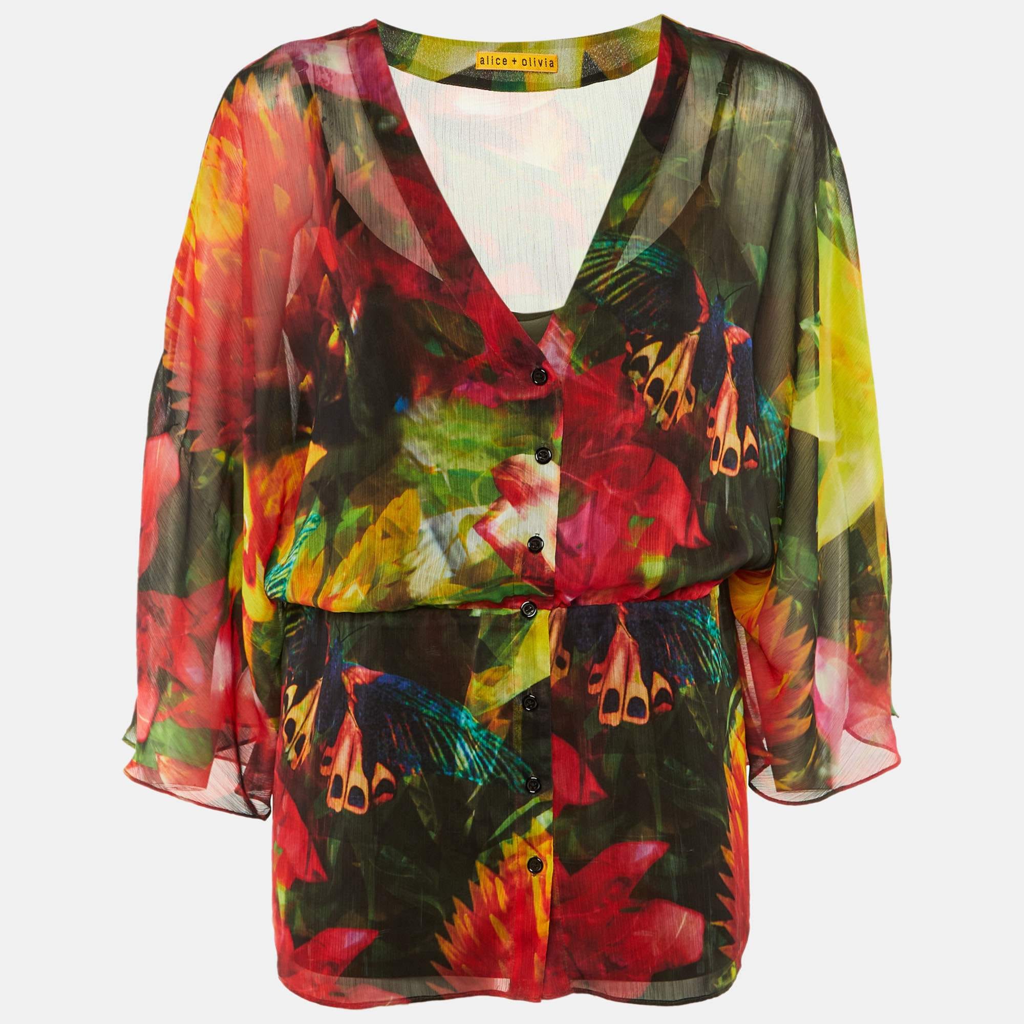 BUTTERFLY Multicolor Floral Butterfly Print Crepe Top