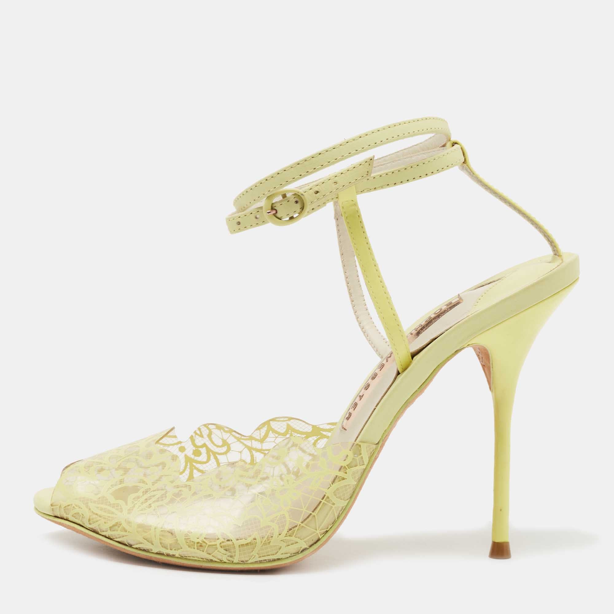 Sophia Webster Yellow Leather And Lace Print Pvc Peep Toe Ankle Strap Sandals