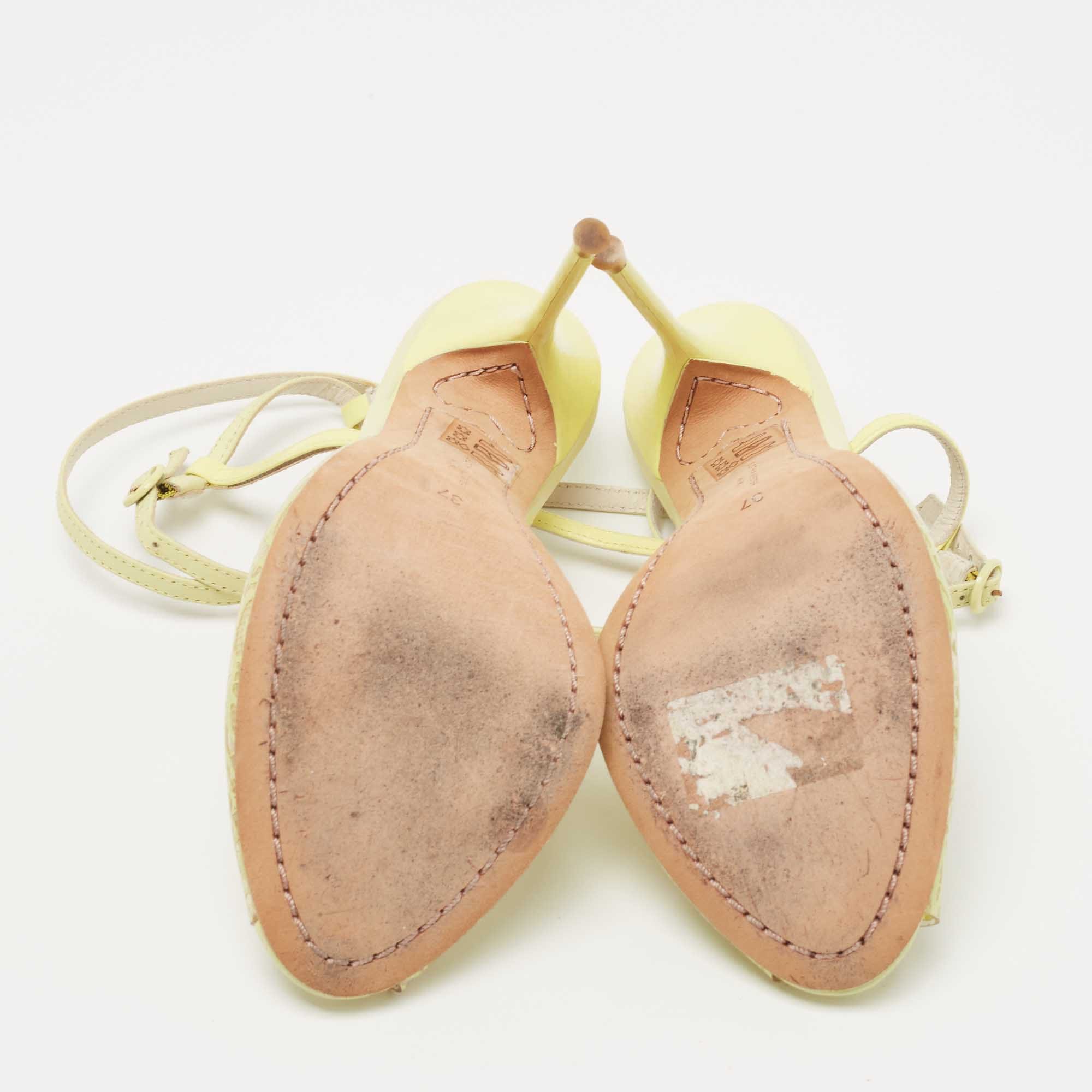 Sophia Webster Yellow Leather And Lace Print Pvc Peep Toe Ankle Strap Sandals