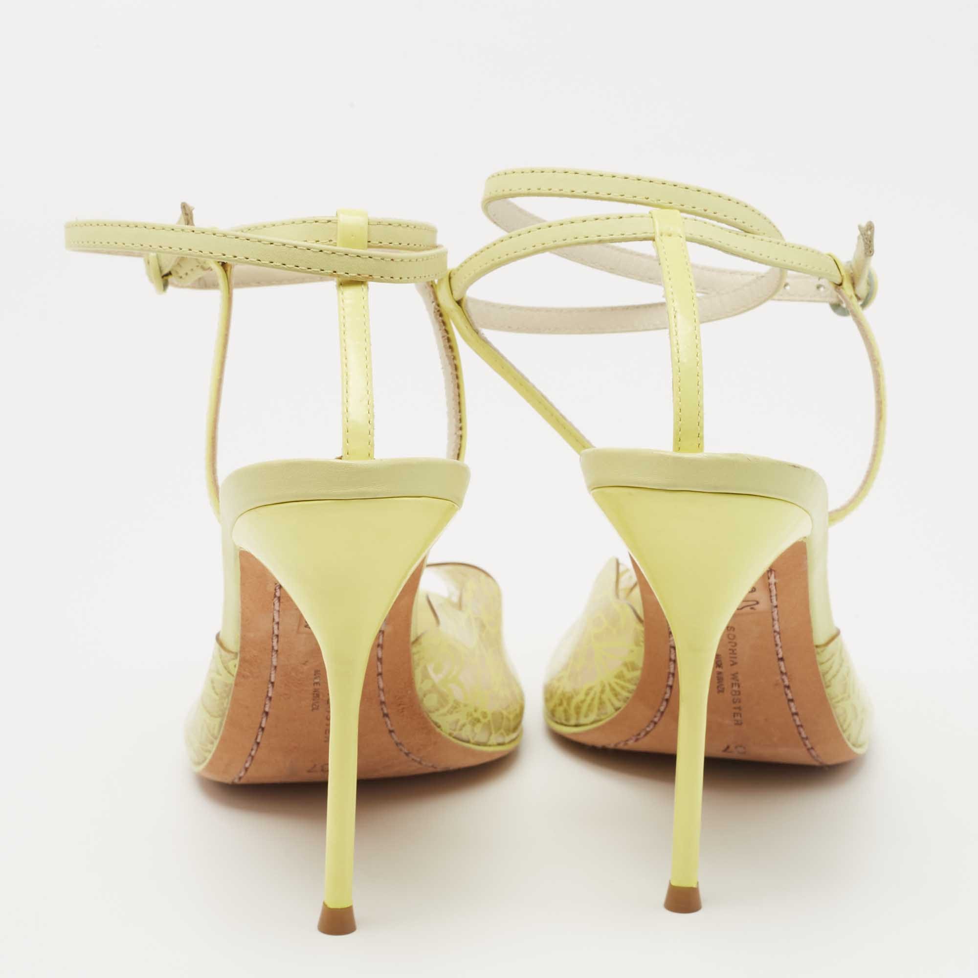 Sophia Webster Yellow Leather And Lace Print Pvc Peep Toe Ankle Strap Sandals