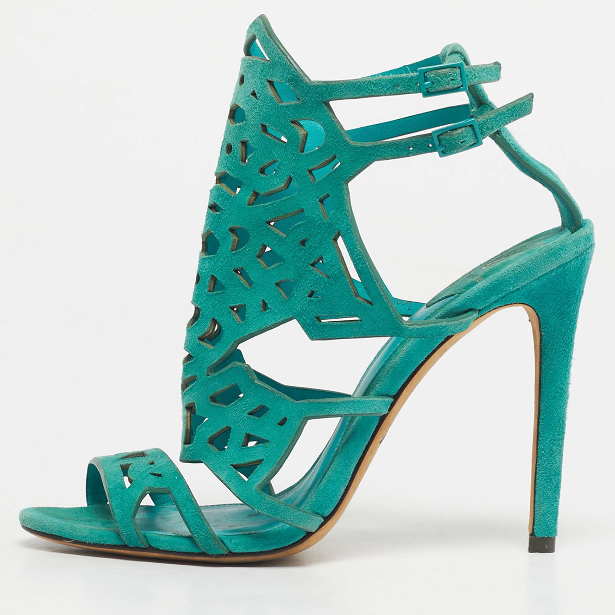 Brian Atwood Green Suede Laplata Laser Cut Sandals