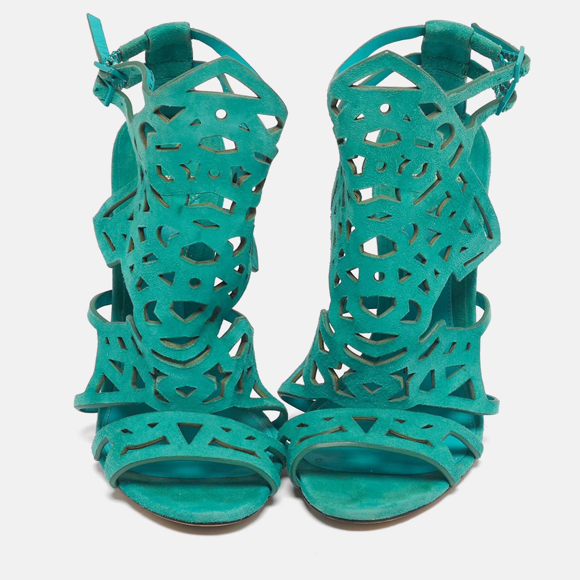 Brian Atwood Green Suede Laplata Laser Cut Sandals