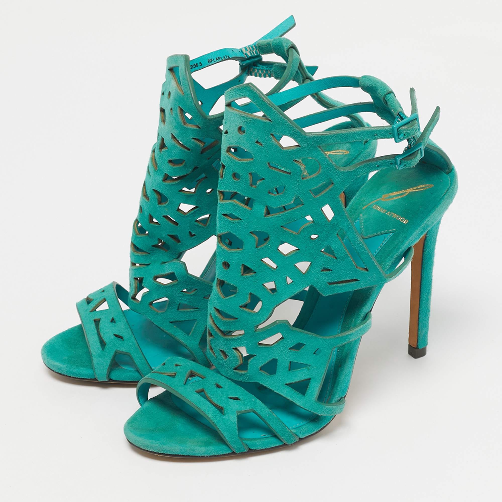 Brian Atwood Green Suede Laplata Laser Cut Sandals
