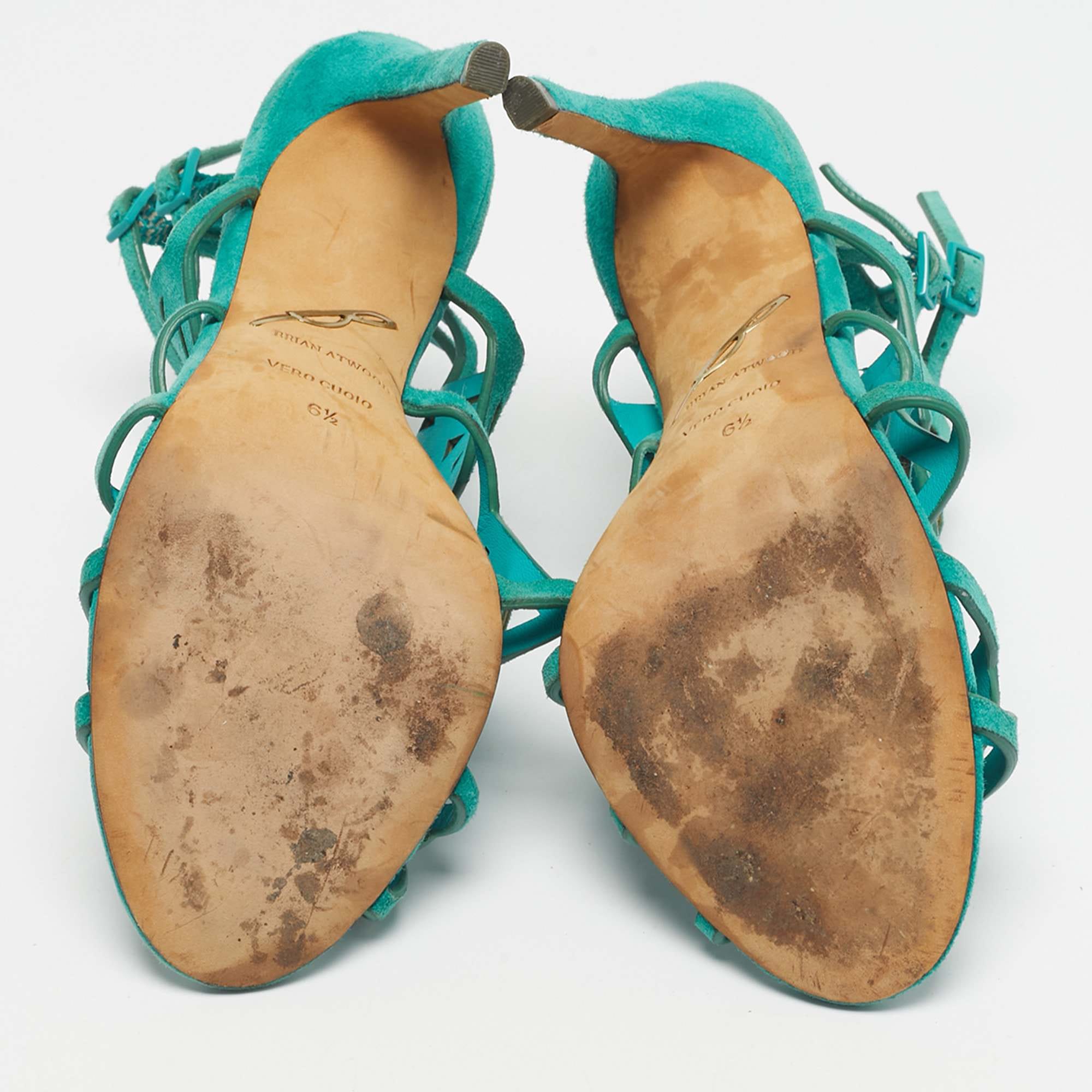 Brian Atwood Green Suede Laplata Laser Cut Sandals