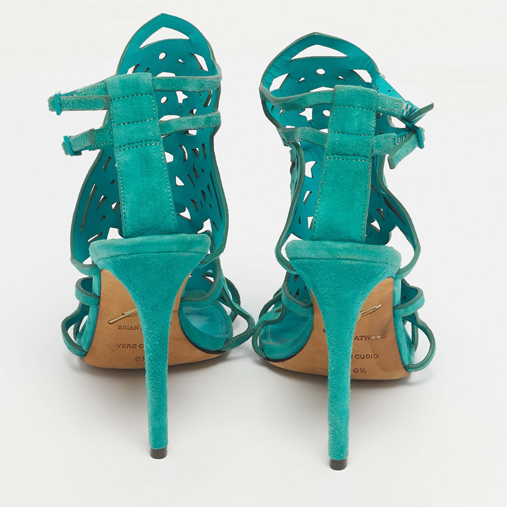 Brian Atwood Green Suede Laplata Laser Cut Sandals