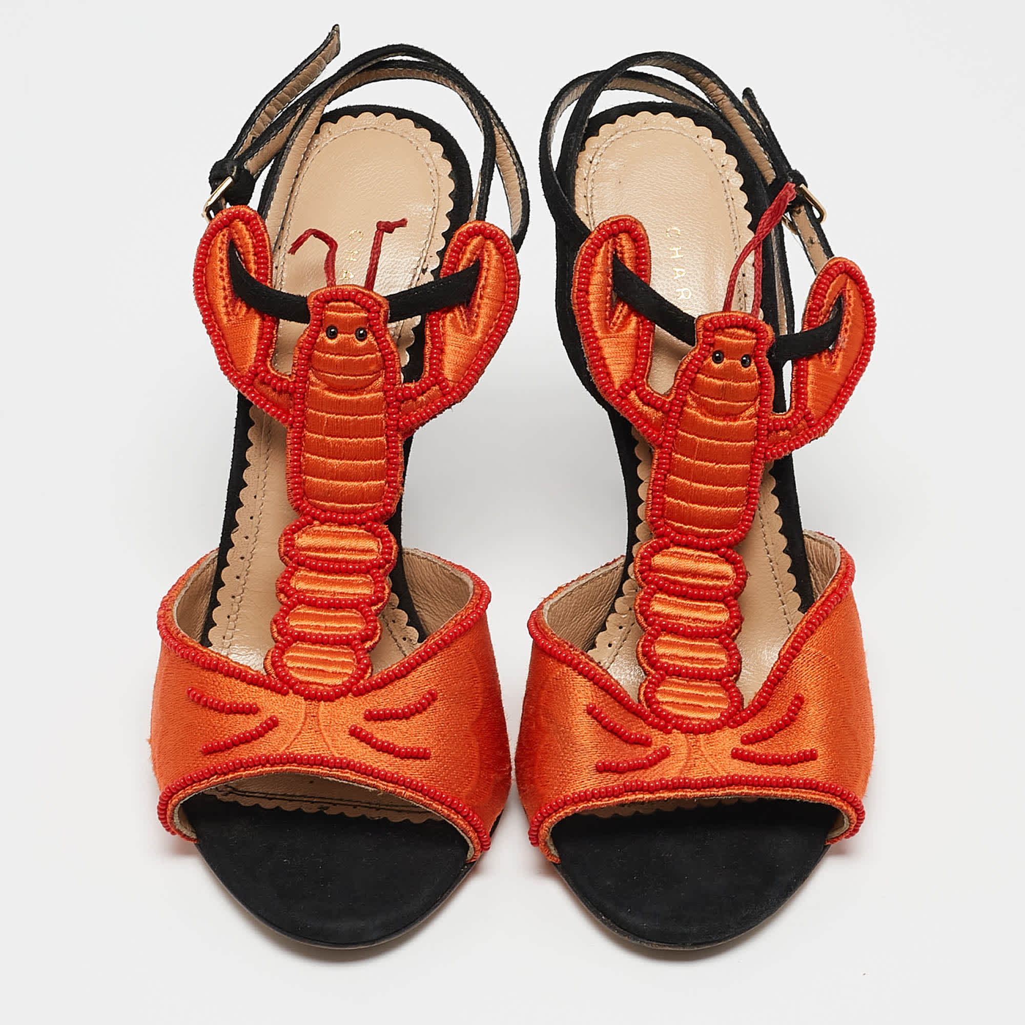 Charlotte Olympia Orange/black Fabric And Suede Ankle Strap Sandals