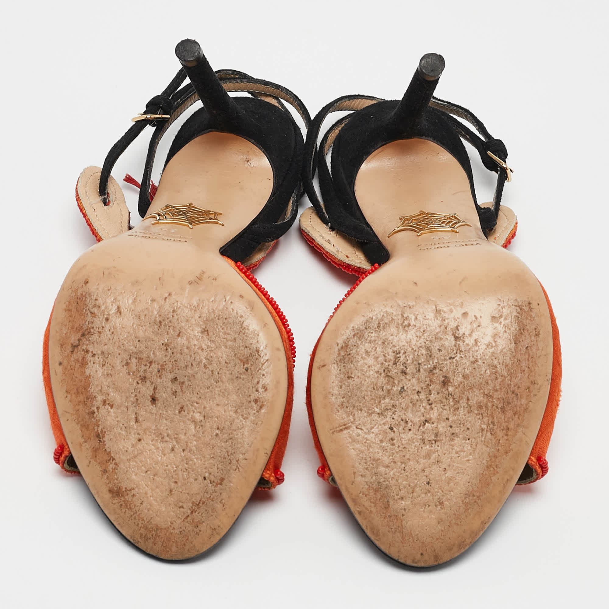 Charlotte Olympia Orange/black Fabric And Suede Ankle Strap Sandals