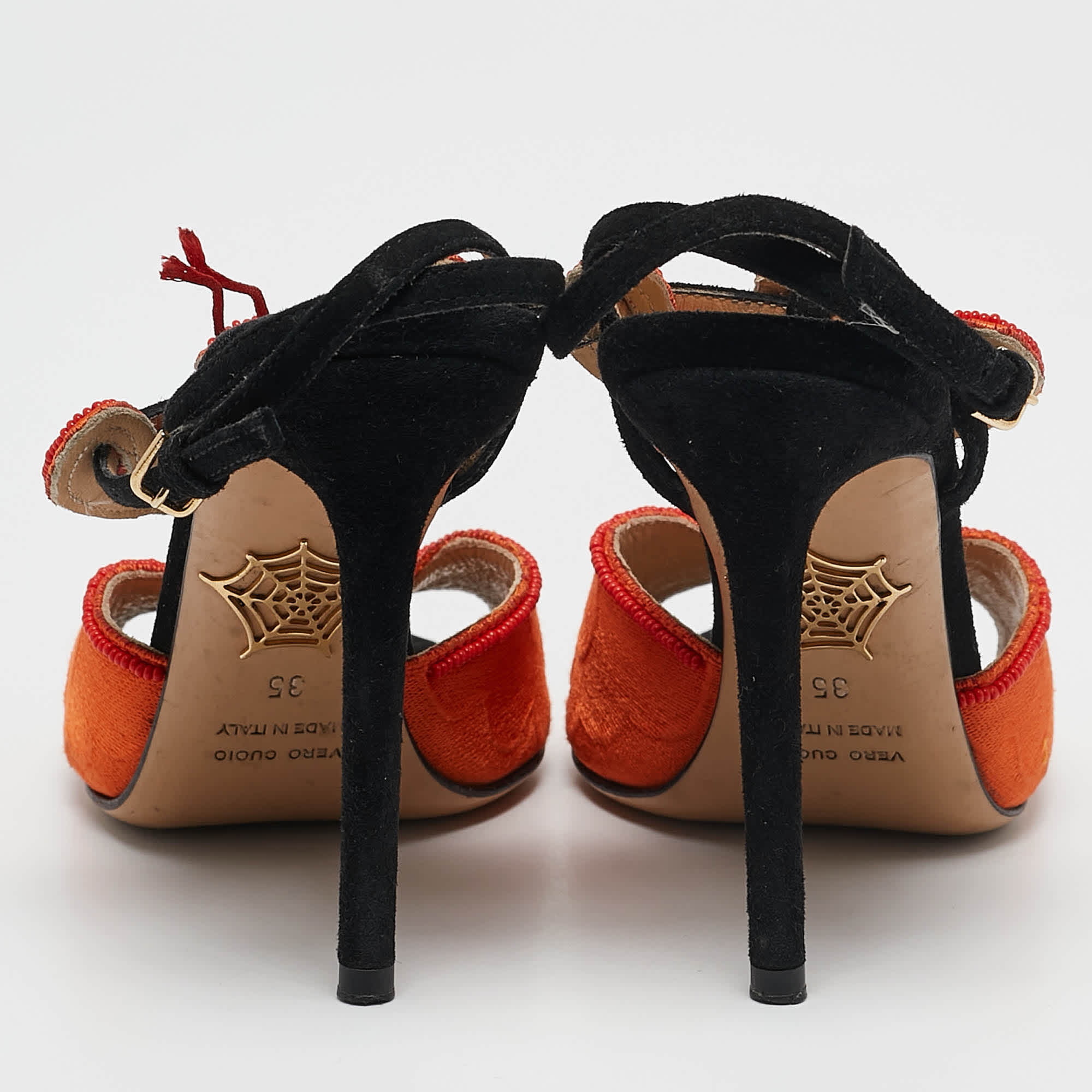 Charlotte Olympia Orange/black Fabric And Suede Ankle Strap Sandals