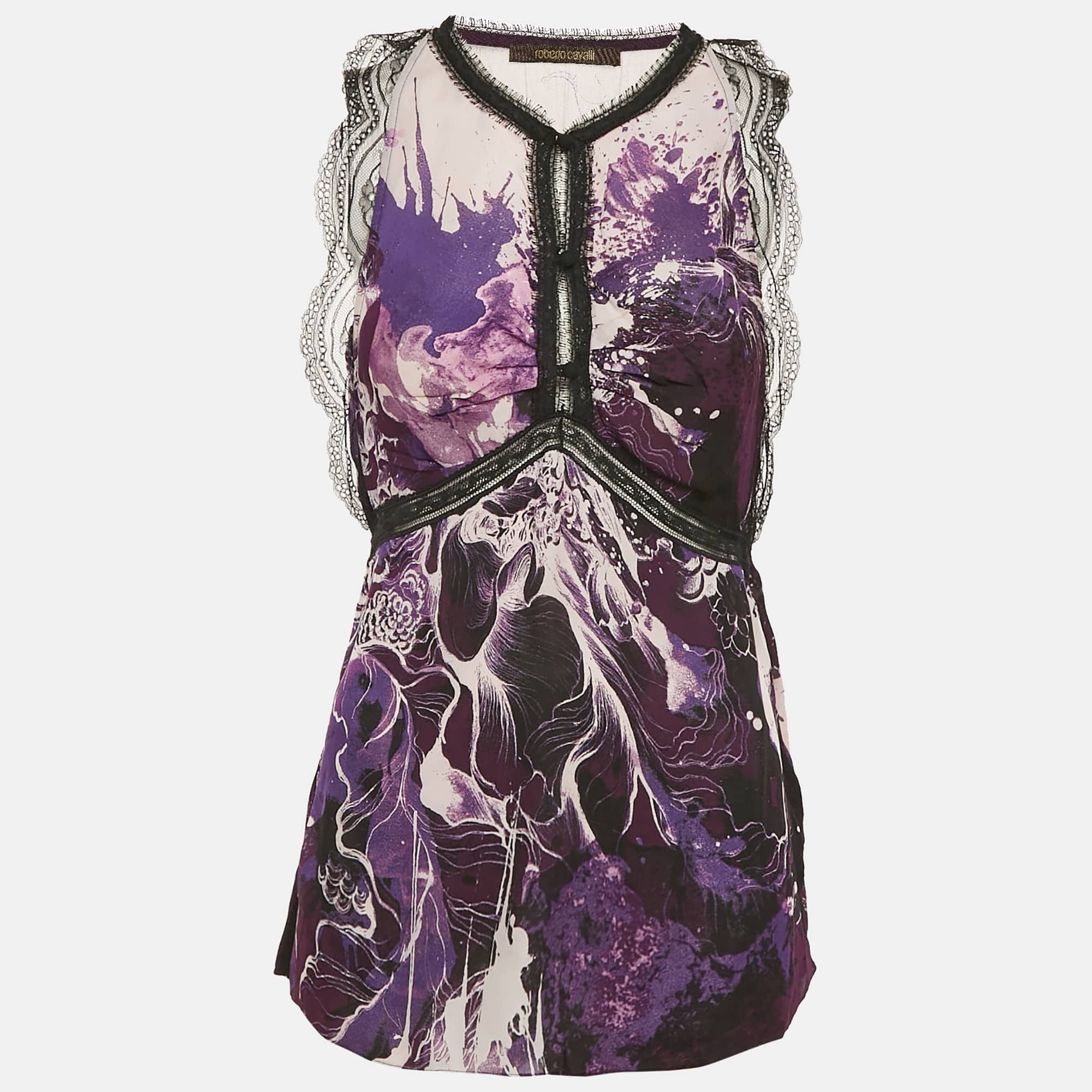 Purple/multicolor Printed Lace Trim Detail Top