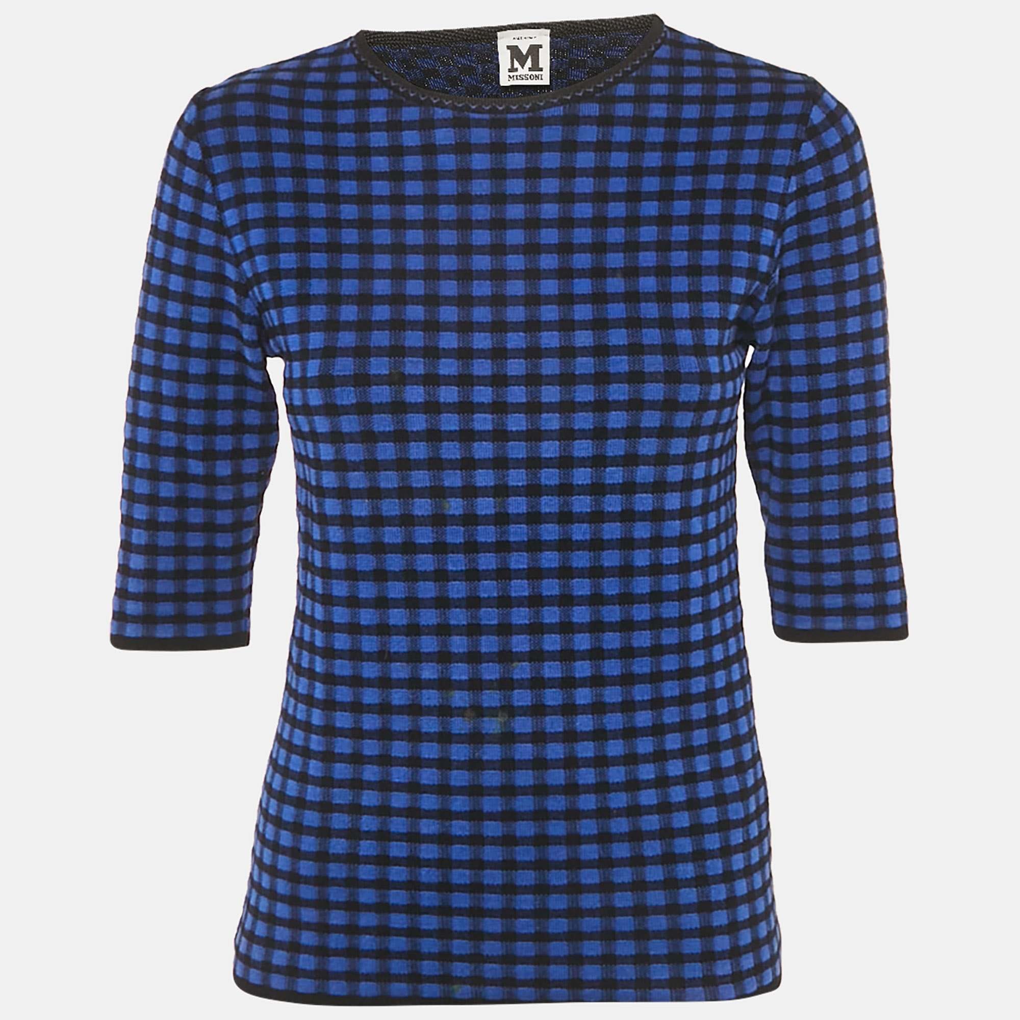 Blue Checks Stretch Knit Round Neck Top