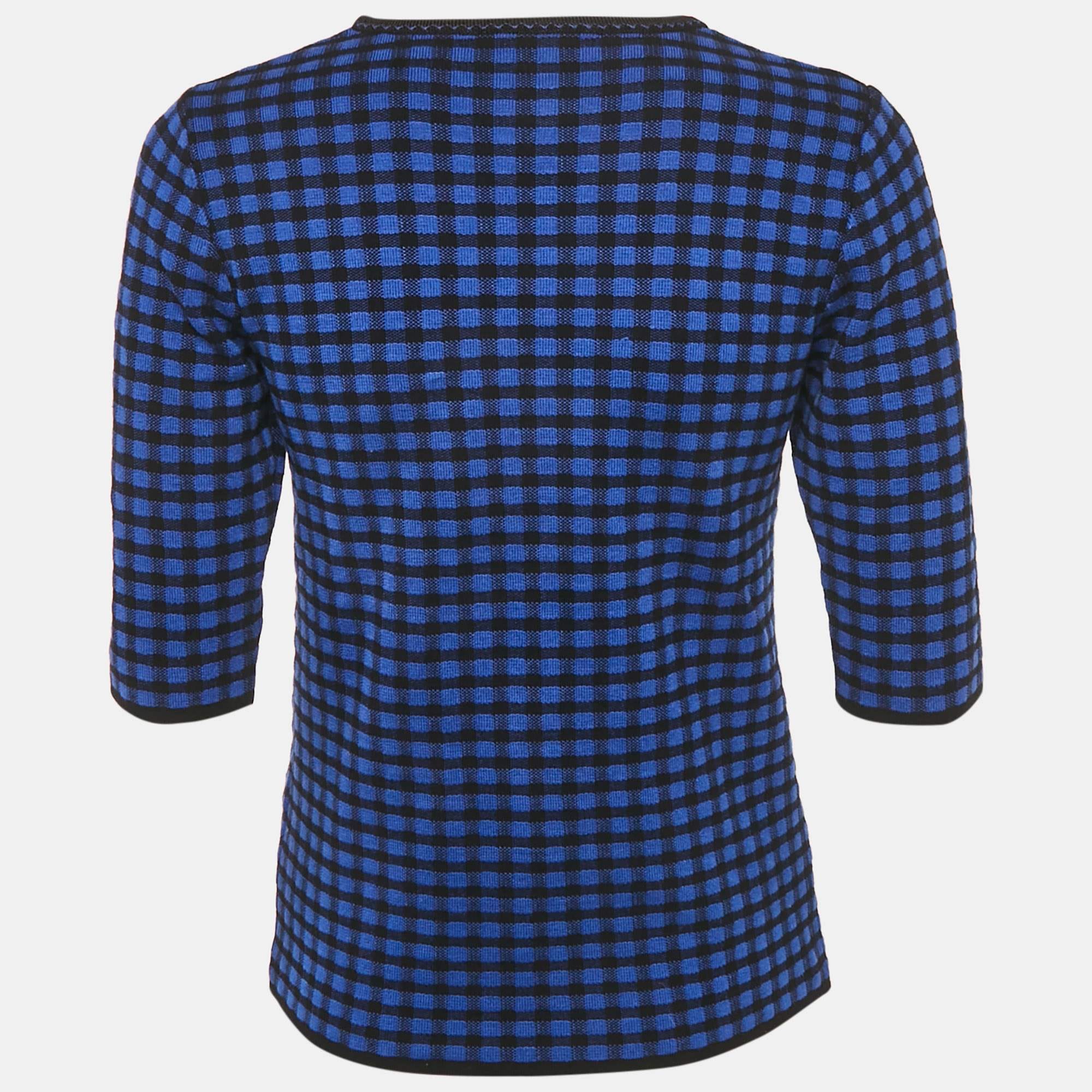 Blue Checks Stretch Knit Round Neck Top