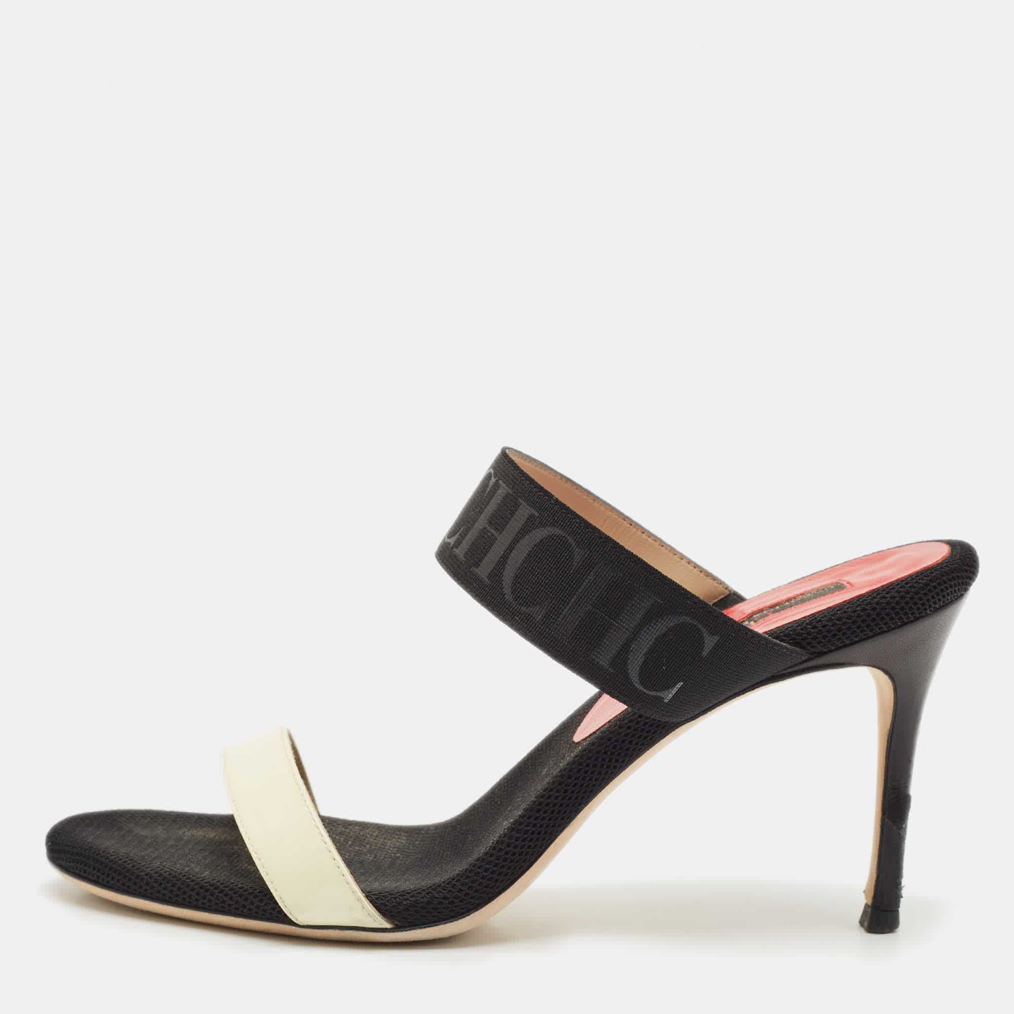 Ch Carolina Herrera Black/white Fabric And Patent Leather Slide Sandals