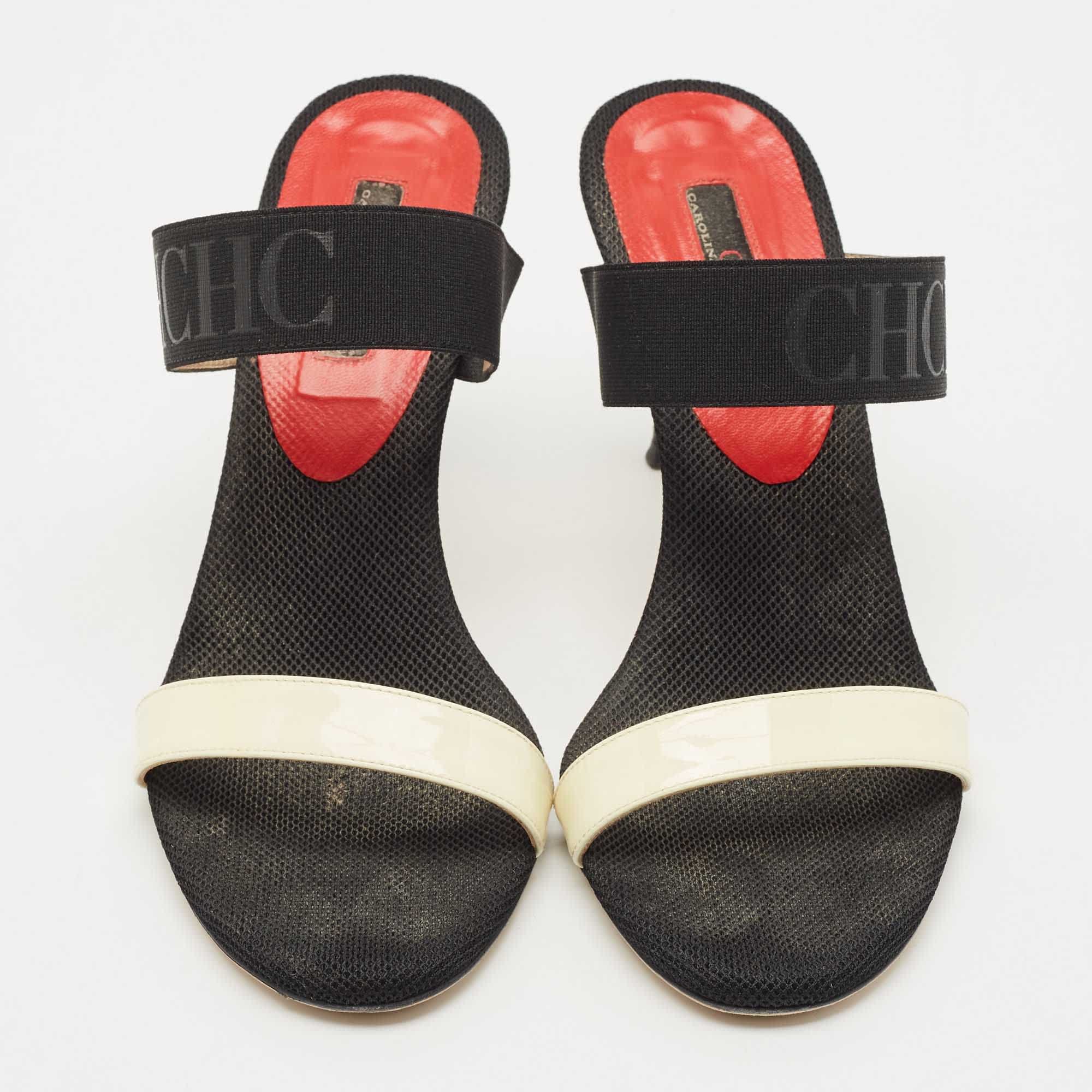 Ch Carolina Herrera Black/white Fabric And Patent Leather Slide Sandals