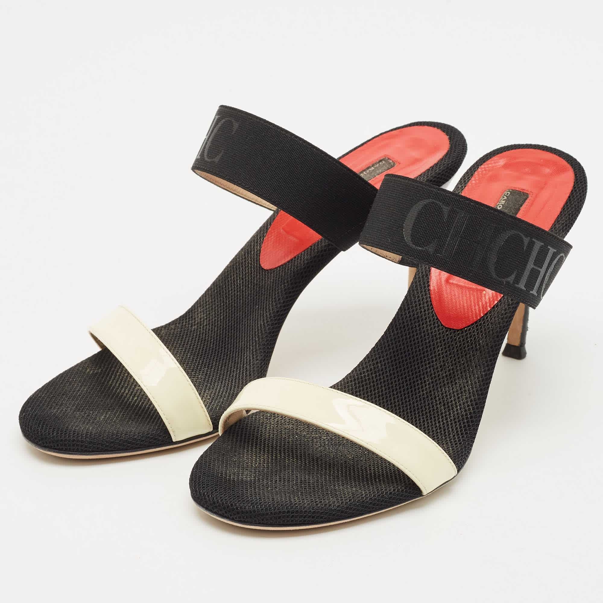 Ch Carolina Herrera Black/white Fabric And Patent Leather Slide Sandals