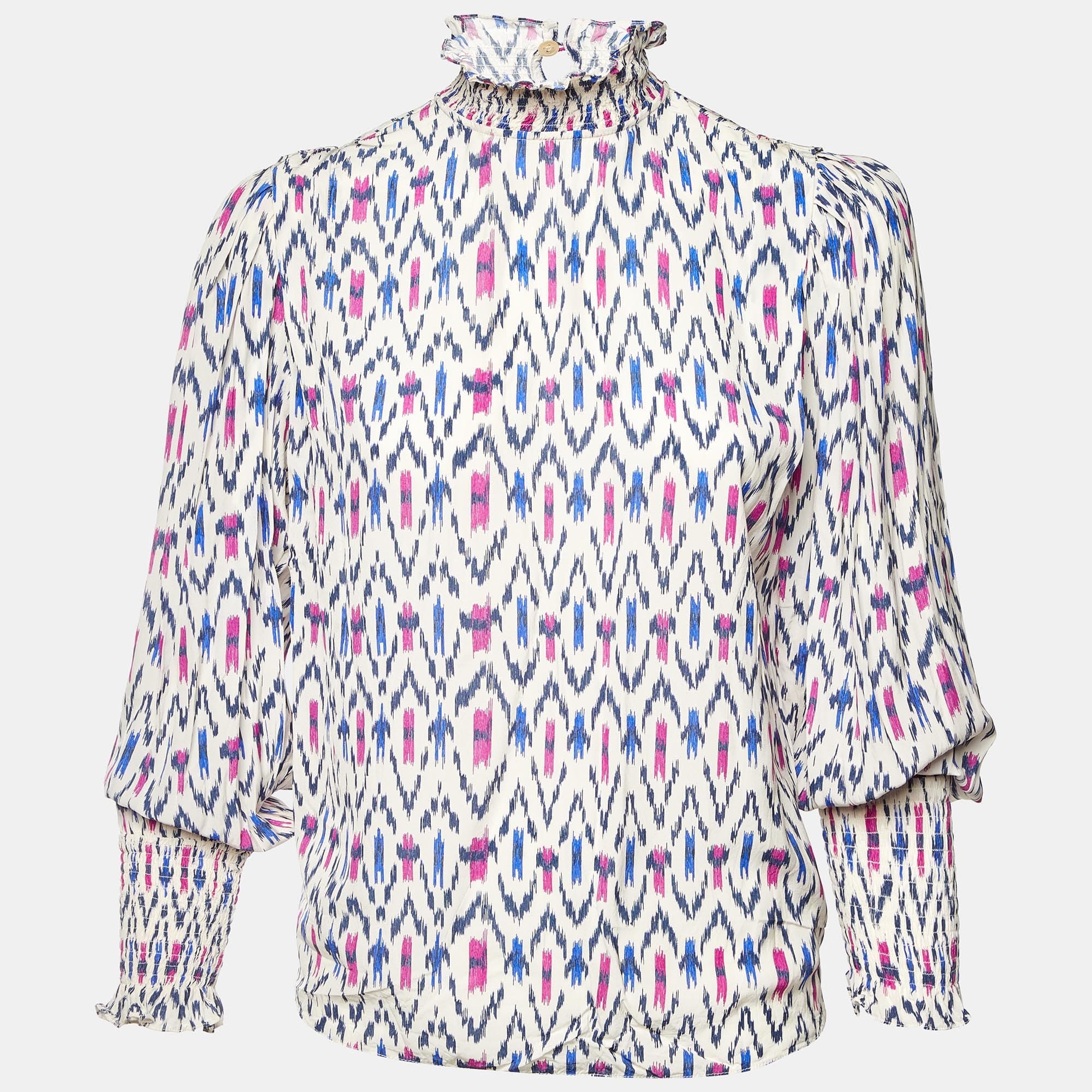 Isabel Marant Etoile White Ikat Print Crepe Yoshi High Neck Top