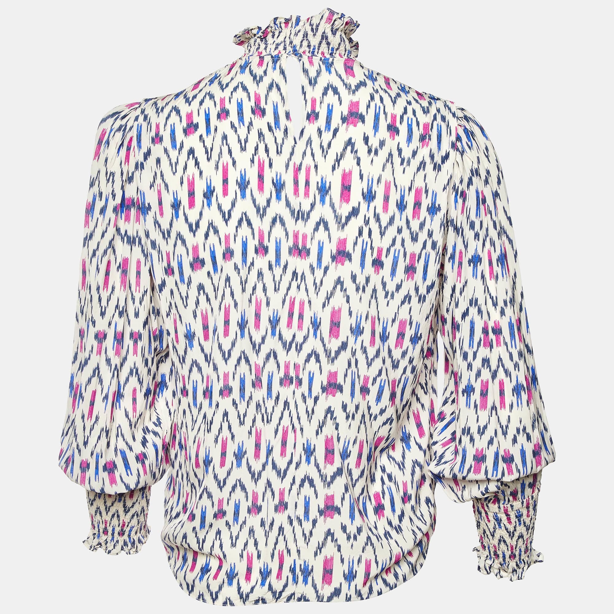 Isabel Marant Etoile White Ikat Print Crepe Yoshi High Neck Top