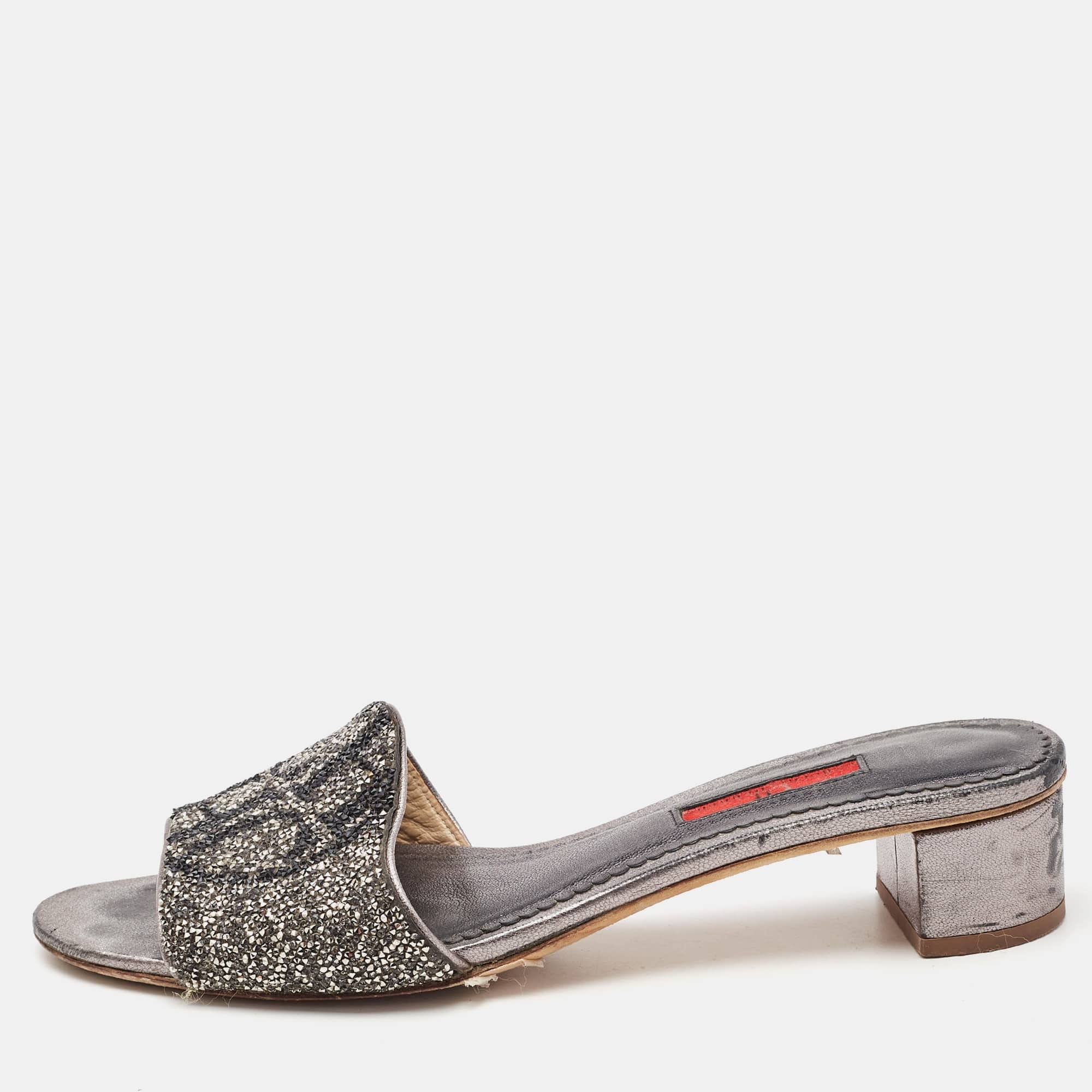 Ch Carolina Herrera Grey Leather Crystal Embellished Logo Slide Sandals