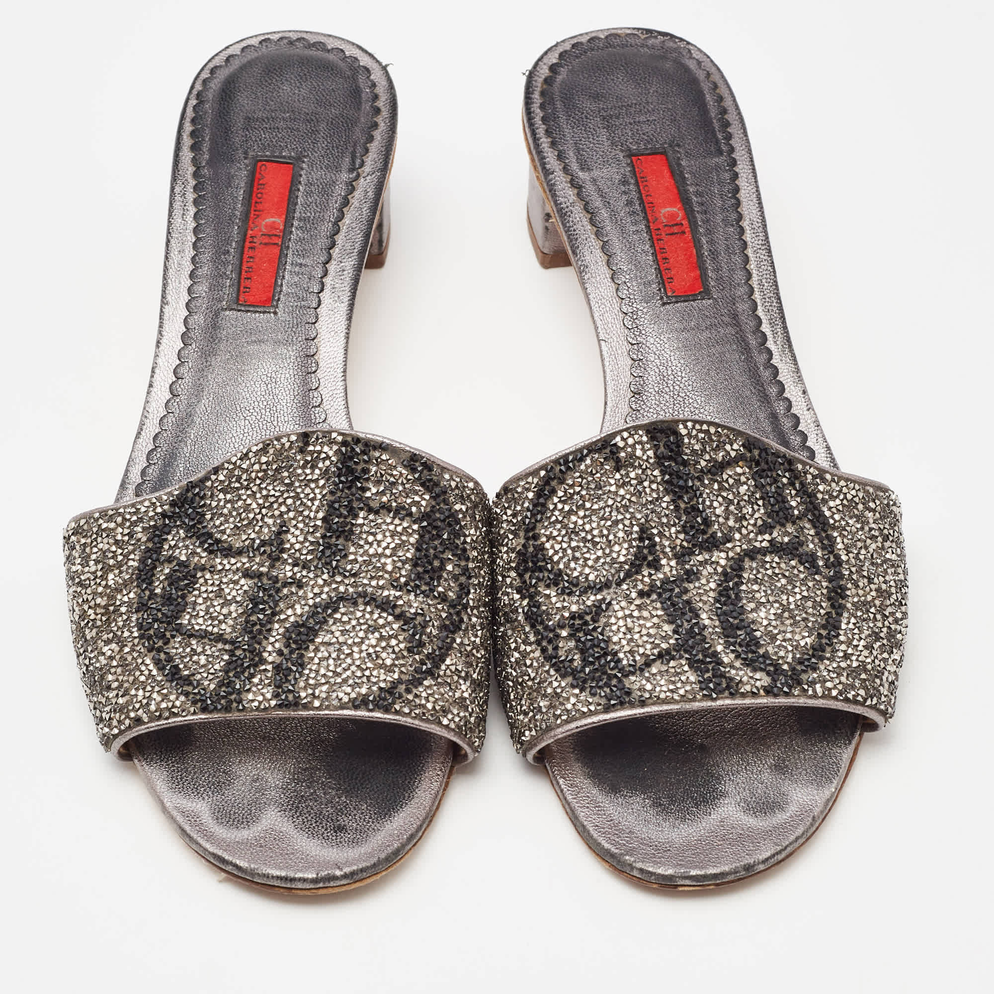 Ch Carolina Herrera Grey Leather Crystal Embellished Logo Slide Sandals