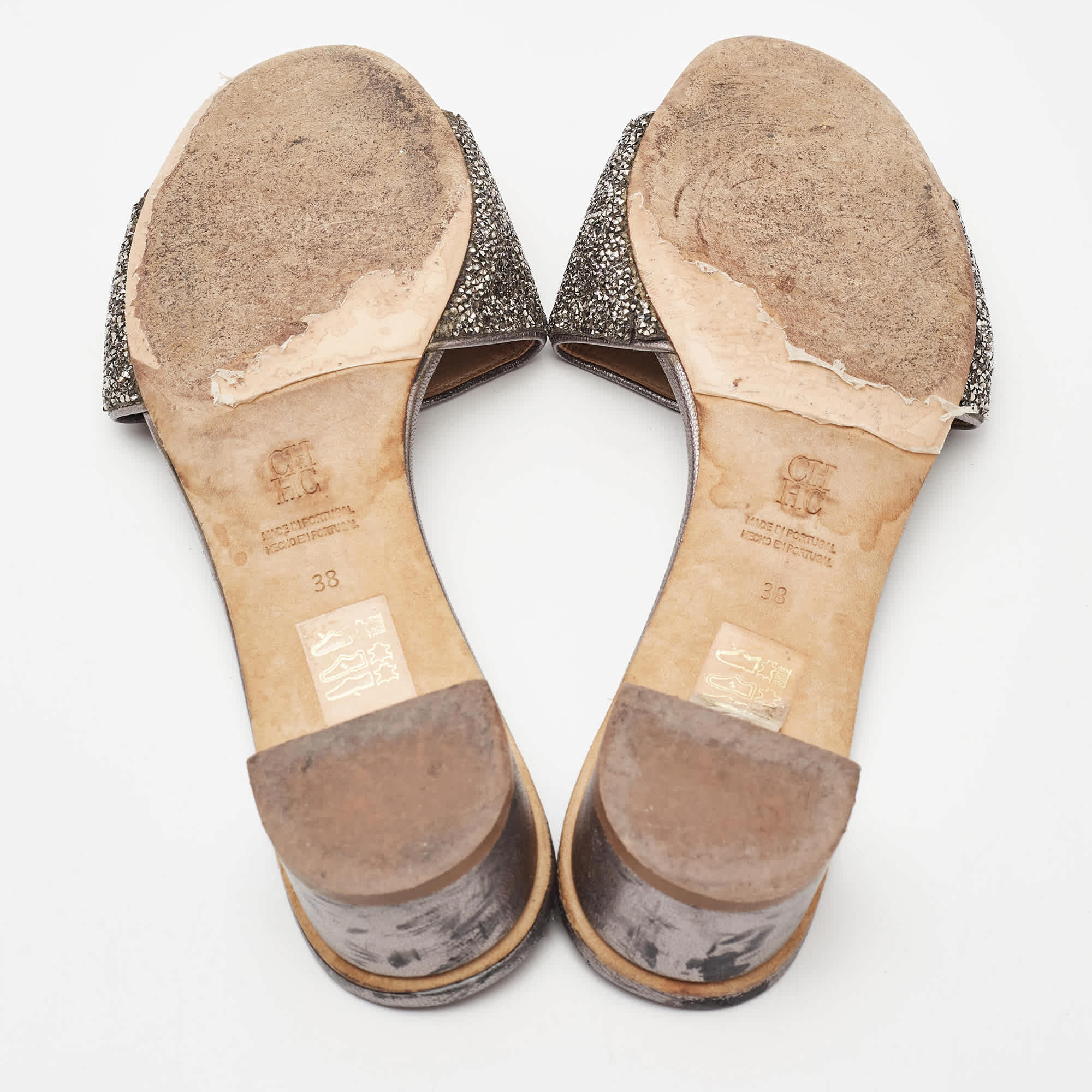 Ch Carolina Herrera Grey Leather Crystal Embellished Logo Slide Sandals