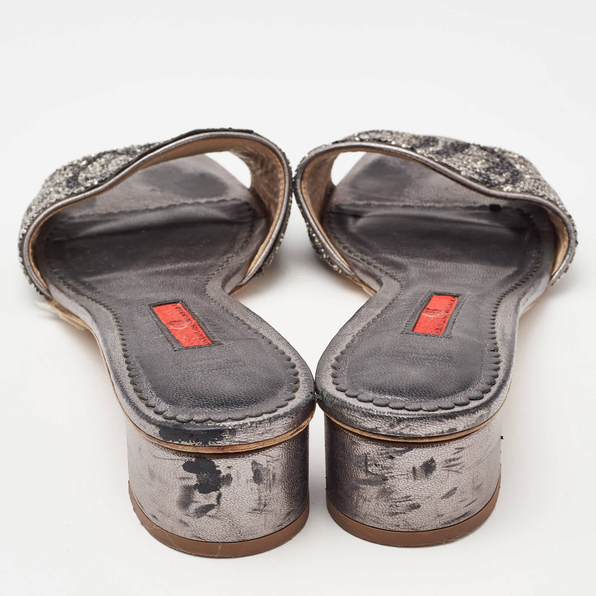 Ch Carolina Herrera Grey Leather Crystal Embellished Logo Slide Sandals