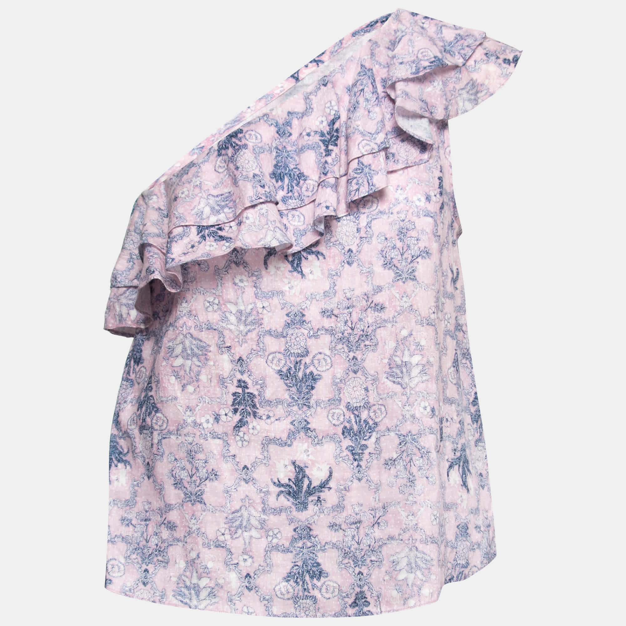 Etoile Pink Printed Linen One - Shoulder Ruffled Top