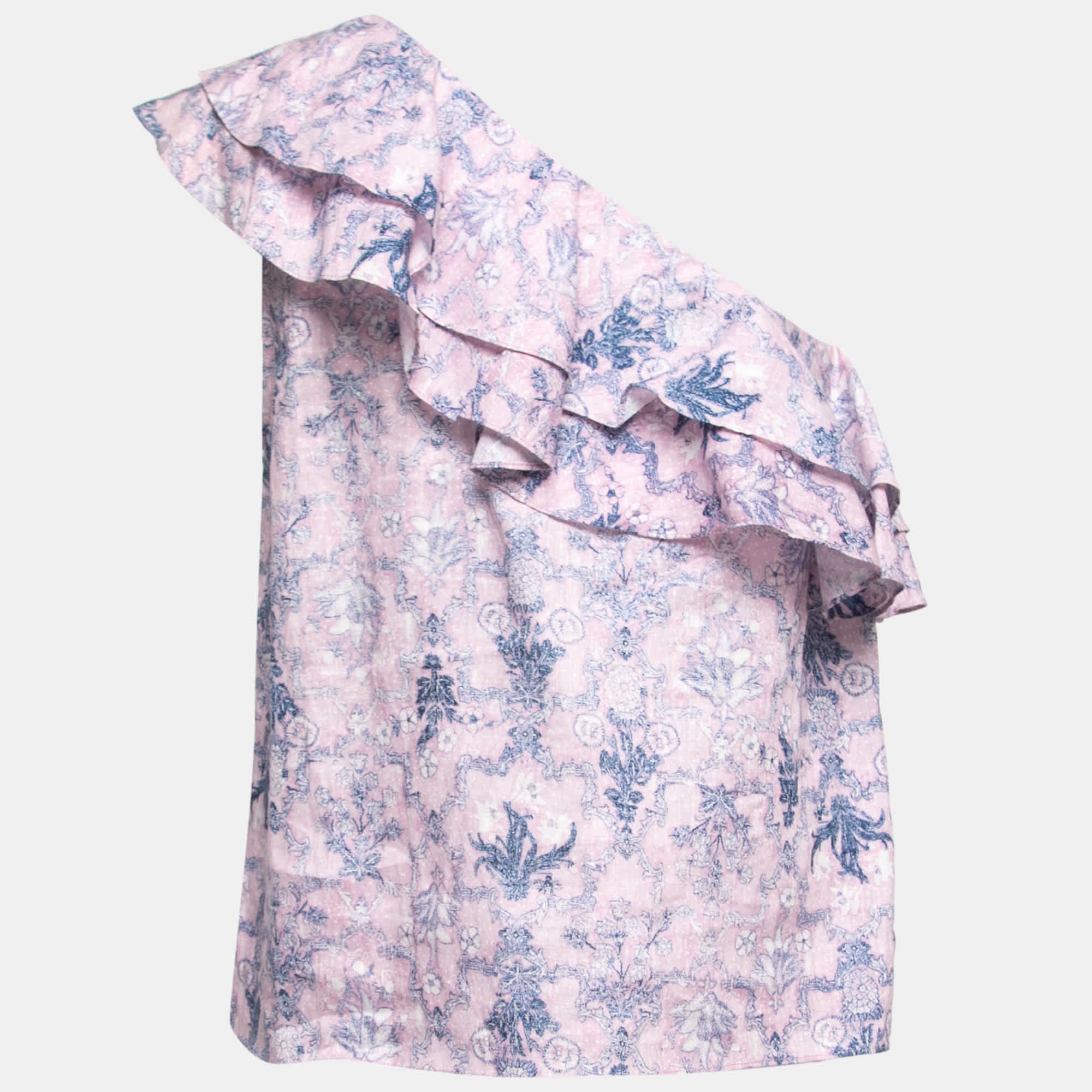Etoile Pink Printed Linen One - Shoulder Ruffled Top